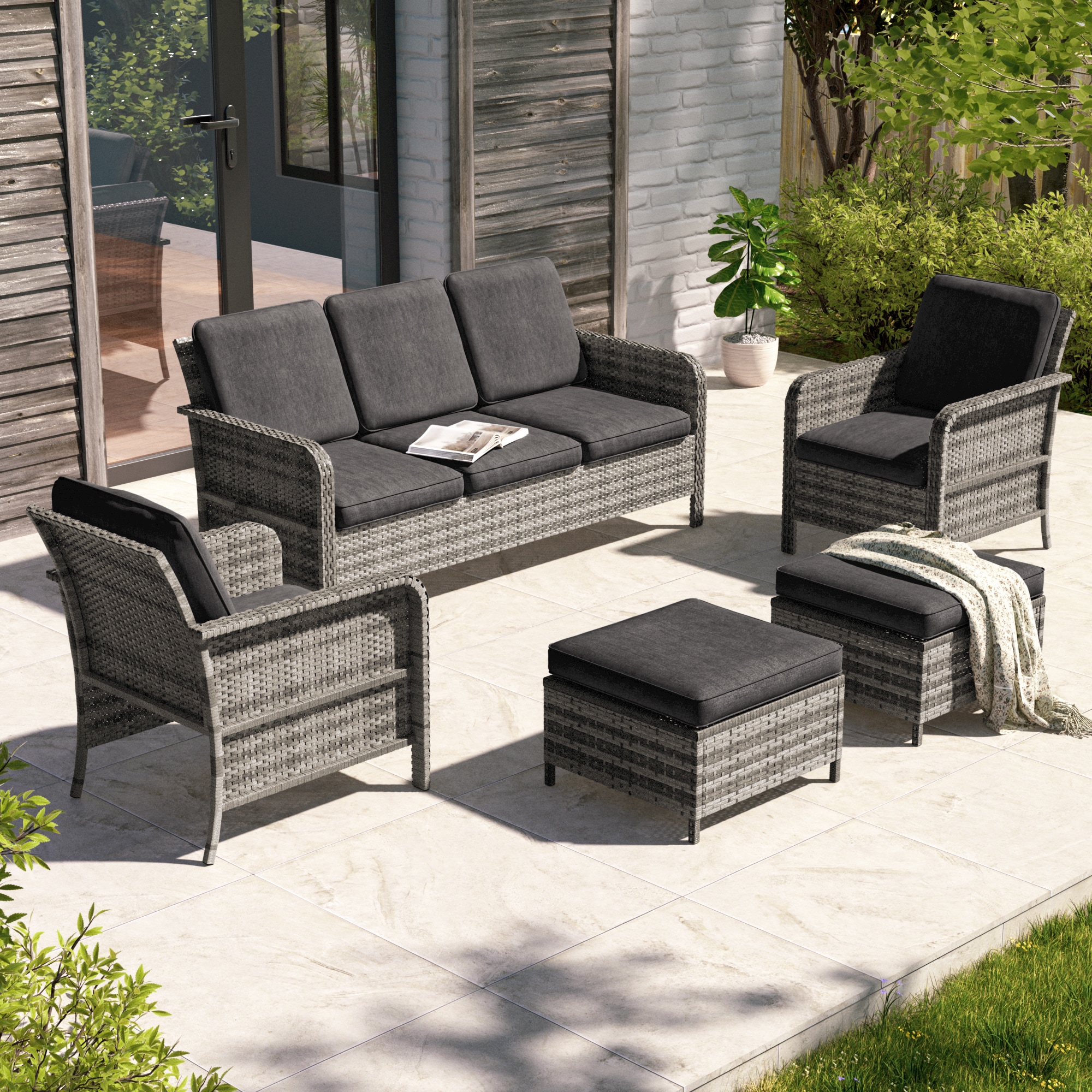 Sonkuki SD-PS-155HBK Patio Conversation Set 5 -Piece Wicker Patio Sofa Conversation Set with Black Cushions