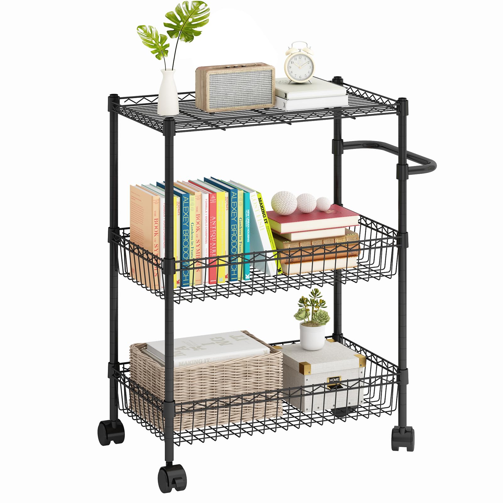 GarveeLife 3 Tier Heavy Duty Rolling Kitchen Cart with Wheels Adjustable Metal Wire Shelving Unit Organizer Rack