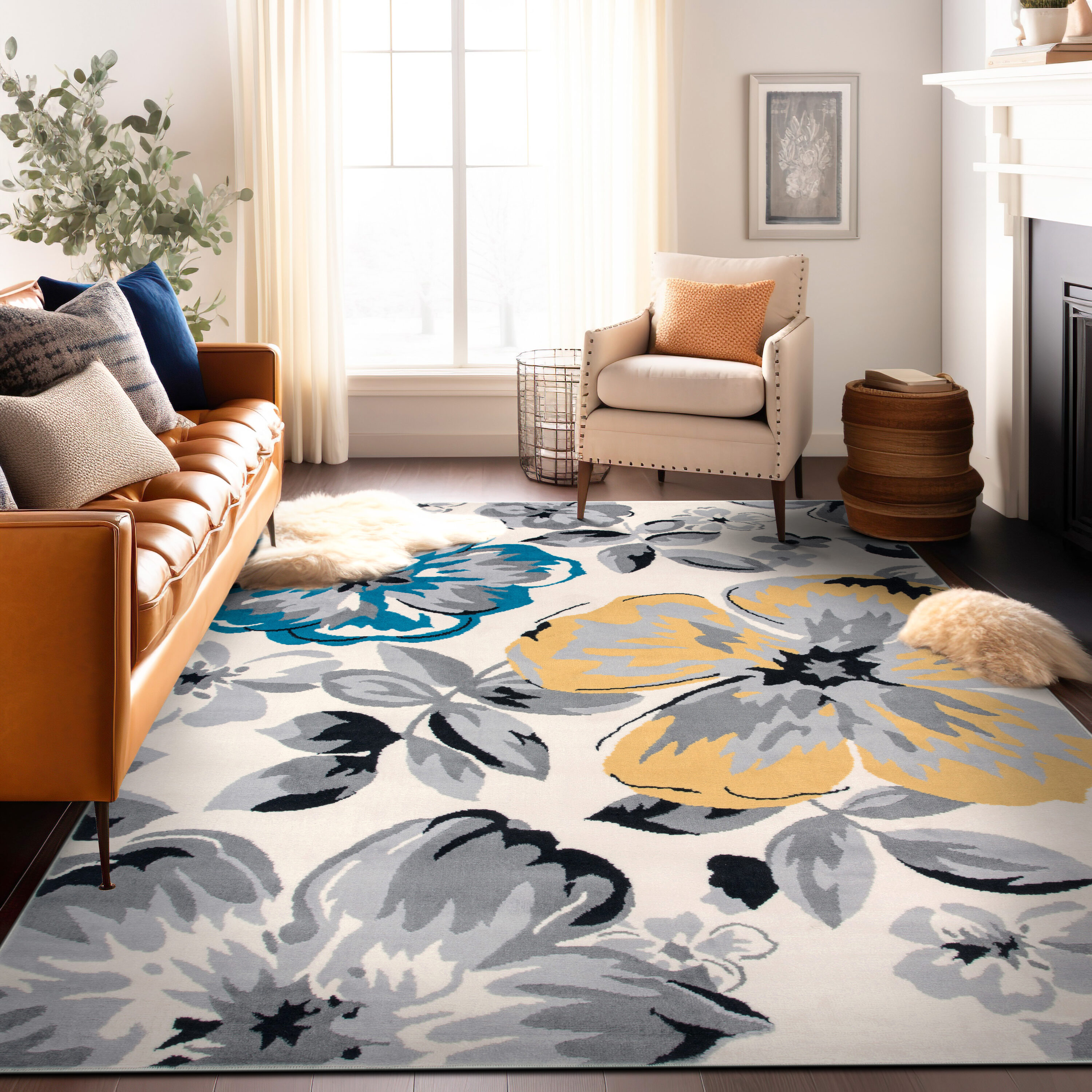 World Rug Gallery 9098 CREAM 5X7 Hudson 5 x 7 (ft) Loomed Polypropylene Cream Rectangular Indoor Floral/Botanical Mid-Century Modern Area rug