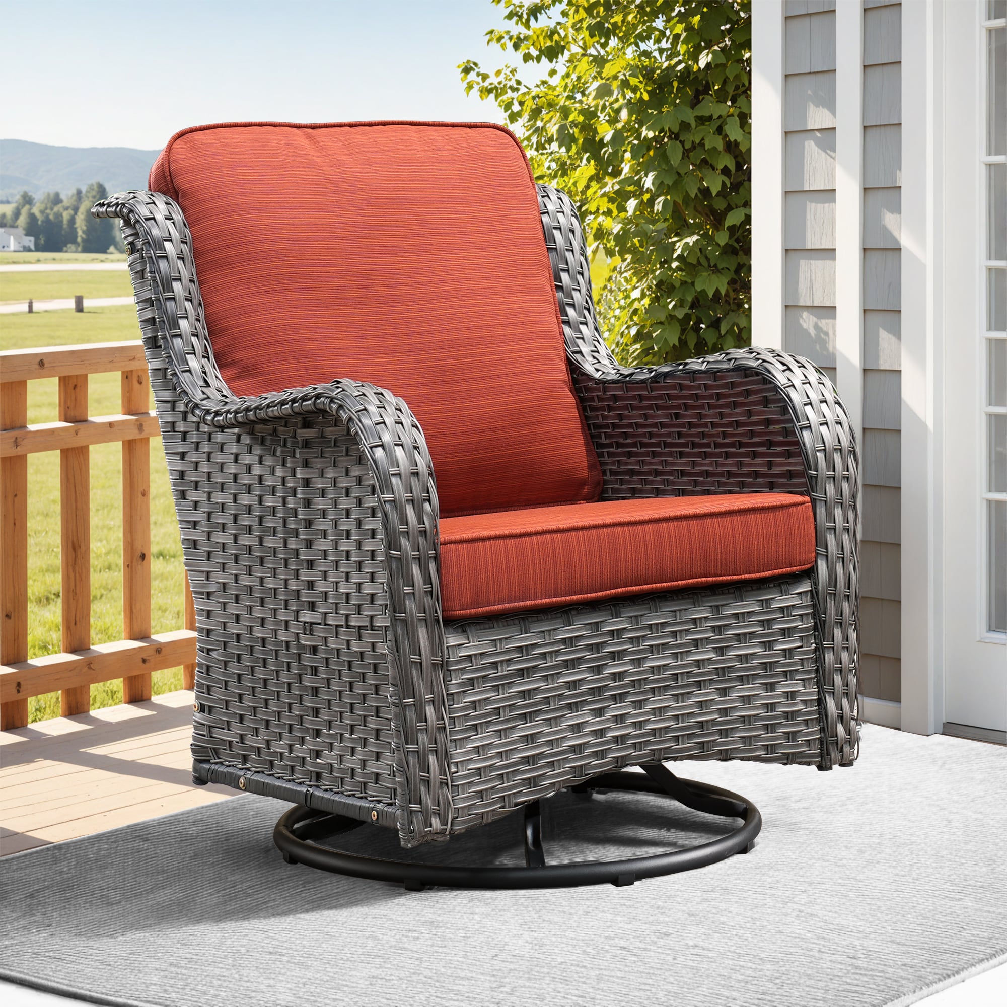 Pouuin SYZGNTC801 Wicker Gray Metal Frame Swivel rocker Rocking Chair with Orange Cushioned Seat
