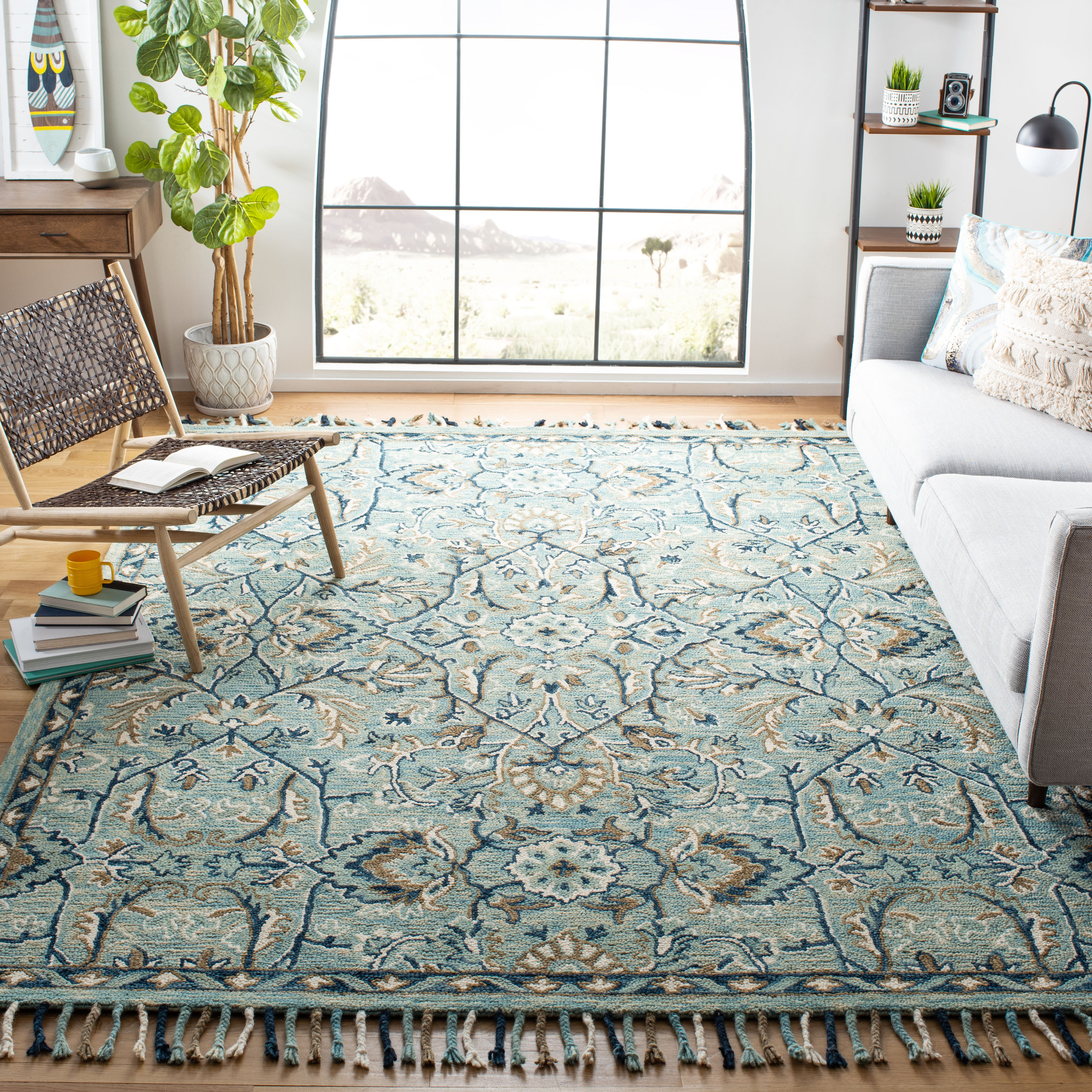 Handmade Blue Ivory Floral Wool Tufted Rectangular Rug 3' x 5'