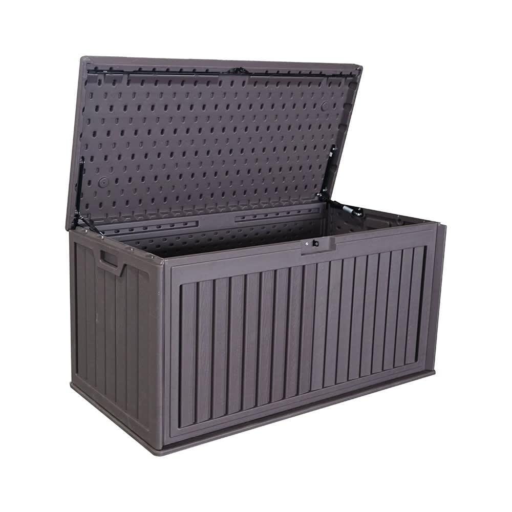 JUJABU 910BOX-6 Brown 100 Gallon Resin Outdoor Deck Box Waterproof with Side Handles for Patio Furniture Cushions