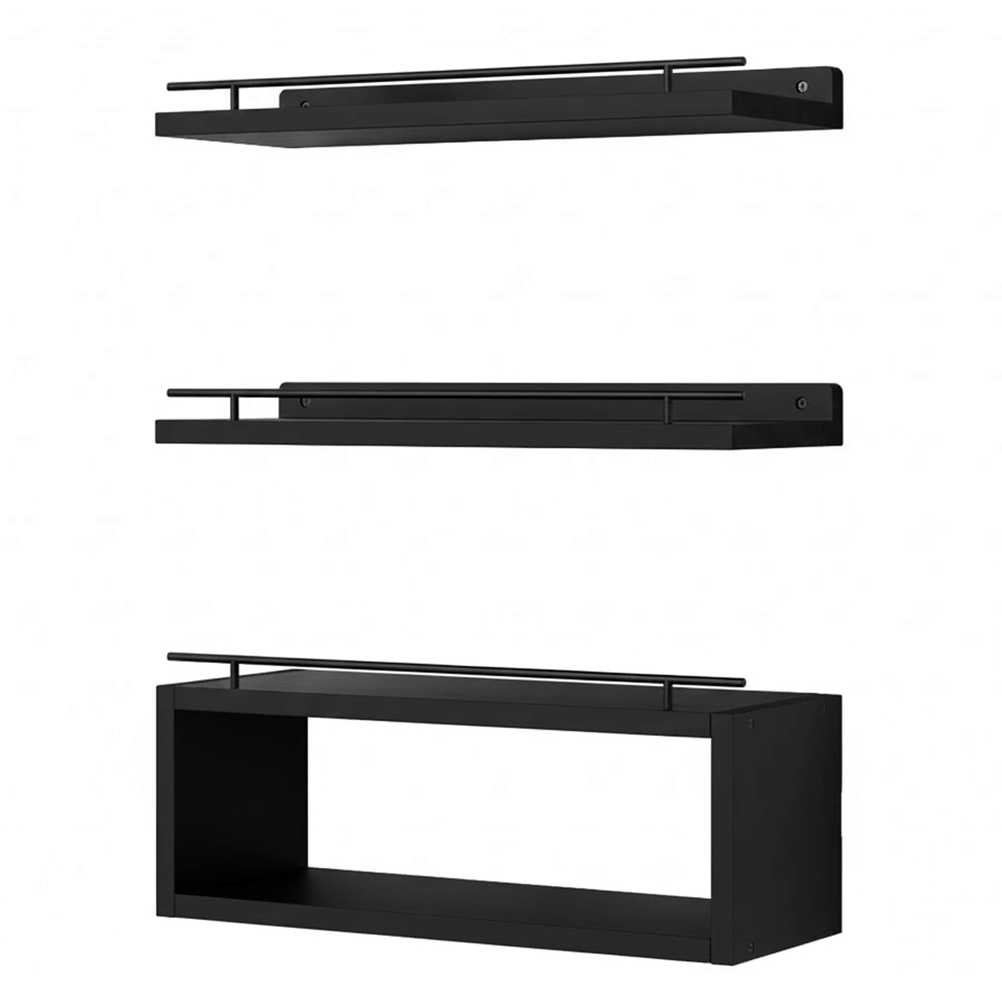 Misopily 3 Piece Floating Wall Shelf Set with Cube Shelf and Metal Rail Black MDF Bathroom Organizer Over Toilet Storage Holds 20 lb Each