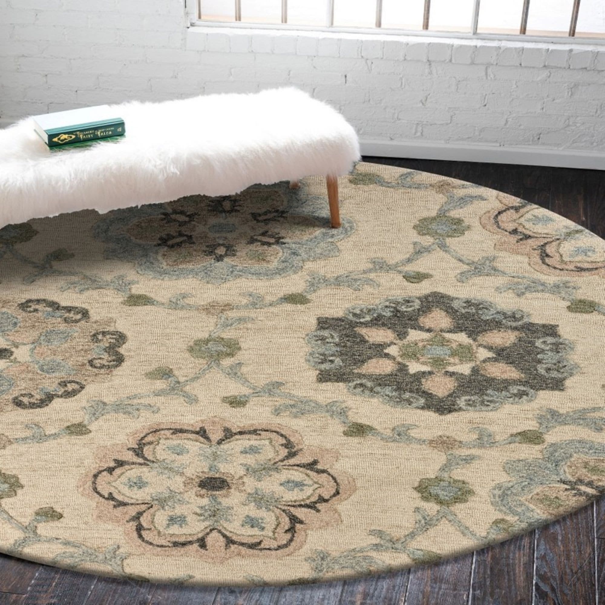 Ivory and Light Blue Round Floral Wool Area Rug