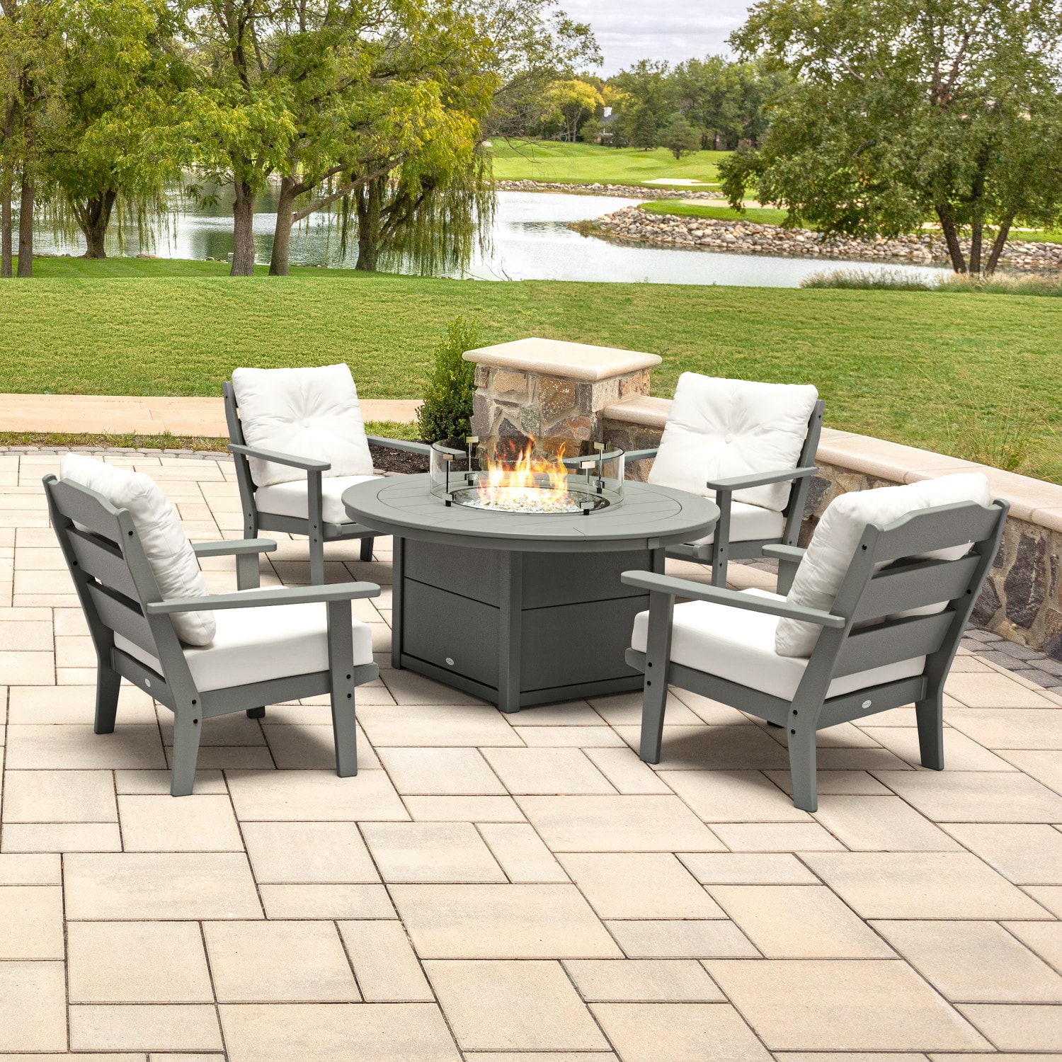 allen + roth by POLYWOOD PWS734-2-GY152939 Oakport 5 -Piece Patio Conversation Set with White Revolution Cushions