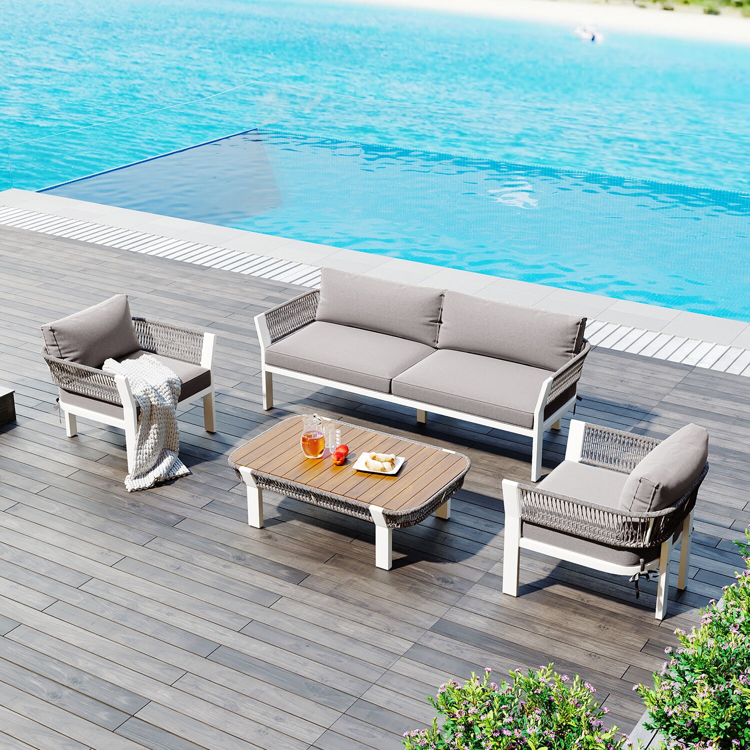 Mondawe MO-TR010TD 4 -Piece Rattan 2 Patio Sofa Conversation Set with Gray Cushions