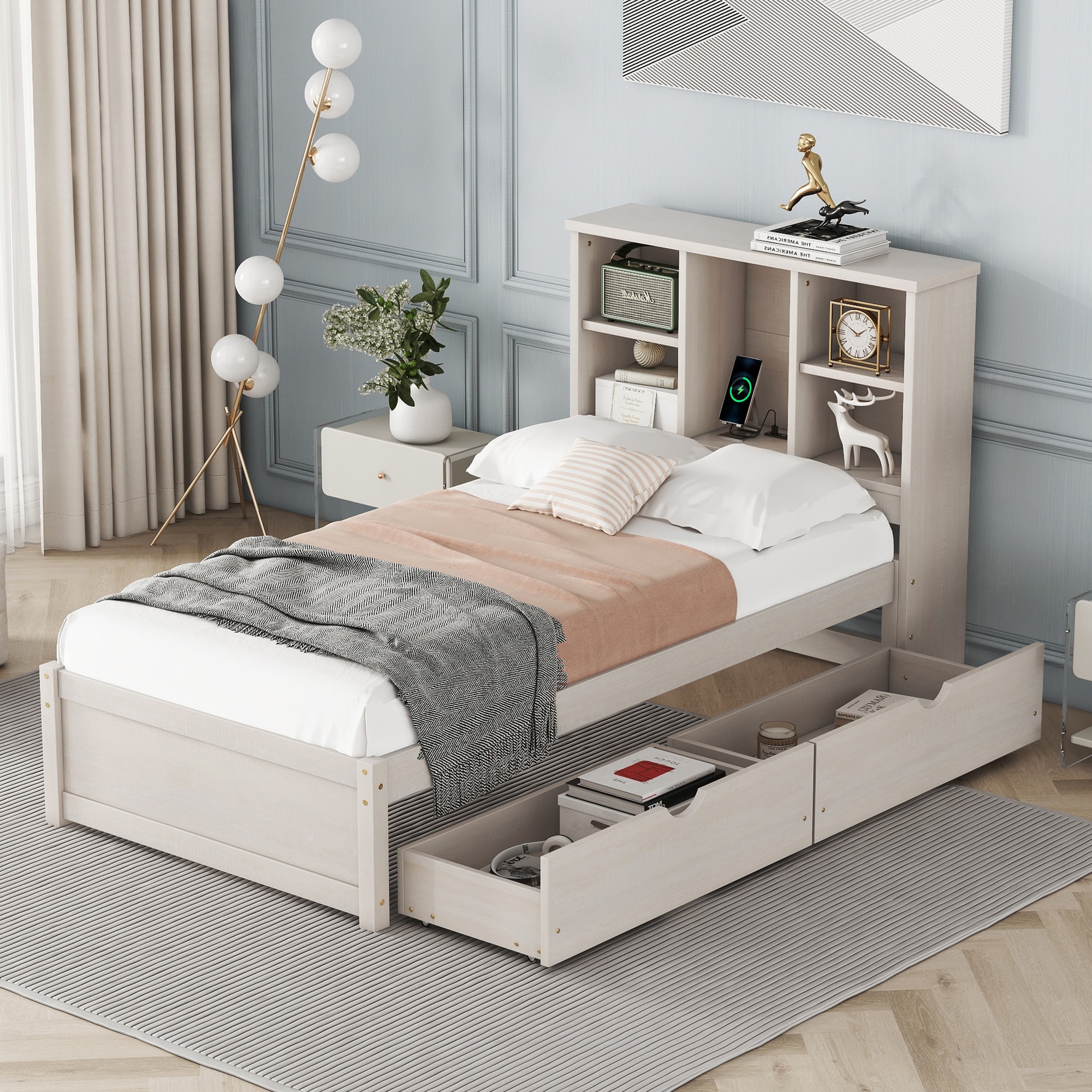 LOVMOR SF-Y-W697P152022 Modern Twin Size Bed Frame With Built-in USB Port on Bookcase Headboard and 2 Drawers for White Washed Color