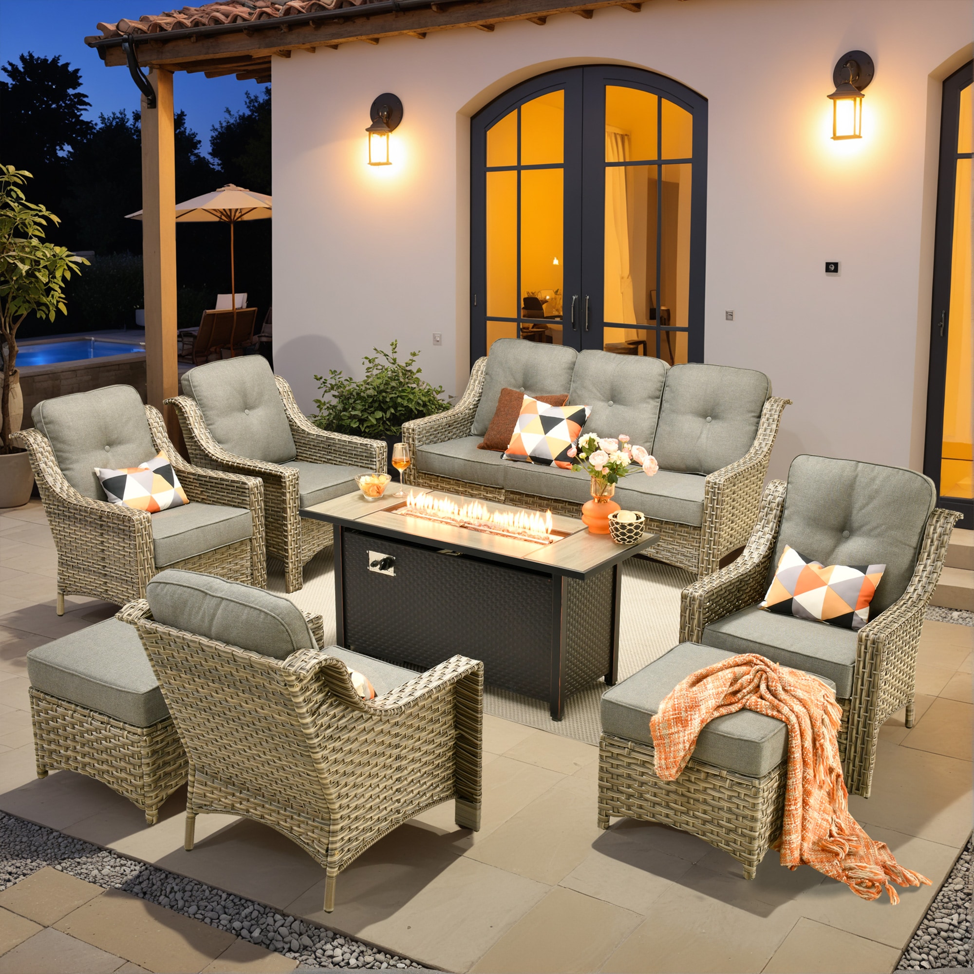 XIZZI XIPAD2075-IFP54 Pyrophyllite 8 -Piece Rattan Patio Sofa Conversation Set with Dark Gray Cushions