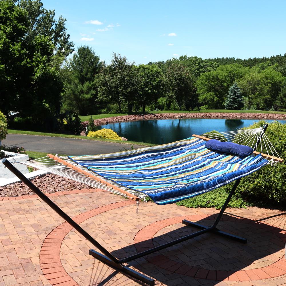 Sunnydaze Decor DL-LVRH-COMBO Sunnydaze Rope Hammock with 12 Foot Stand, Pad and Pillow Lakeview Fabric Hammock with Stand