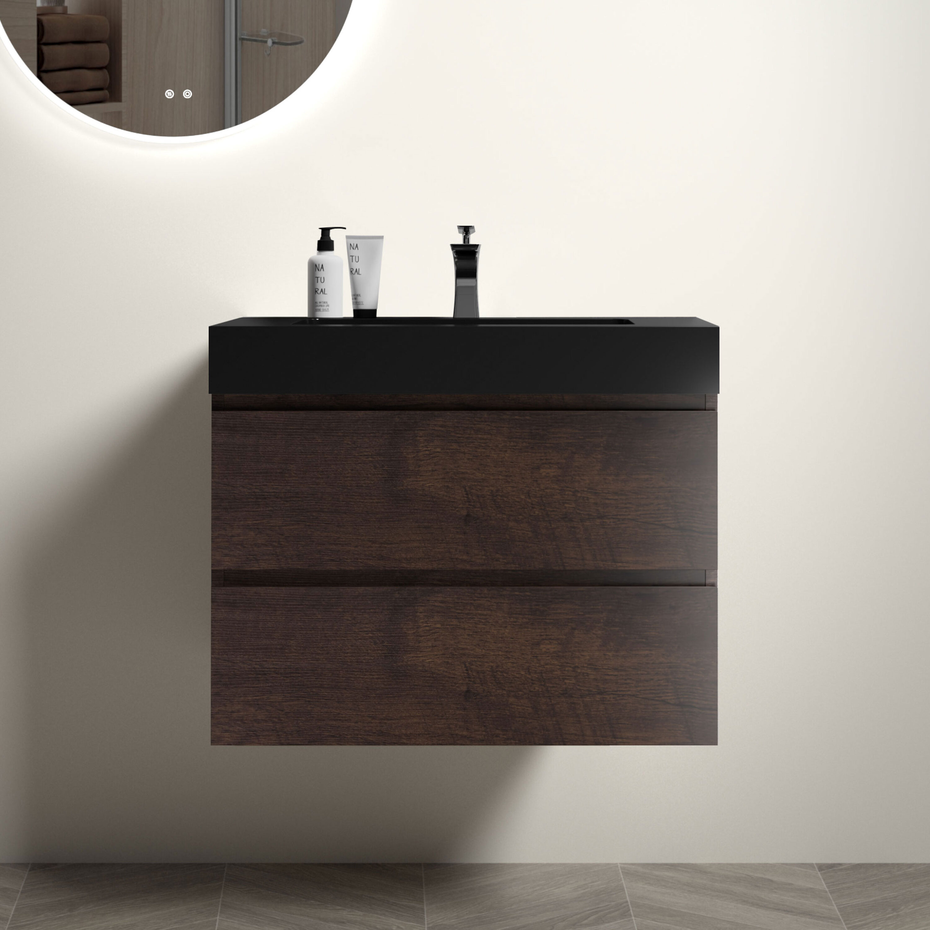 Tatayosi DJ-865S00008 30 Inch Walnut Wall Mounted Floating Bathroom Vanity with Large Storage and One-Piece Black Sink Basin for Modern Bathroom Pre-assembled Without Drain and Faucet