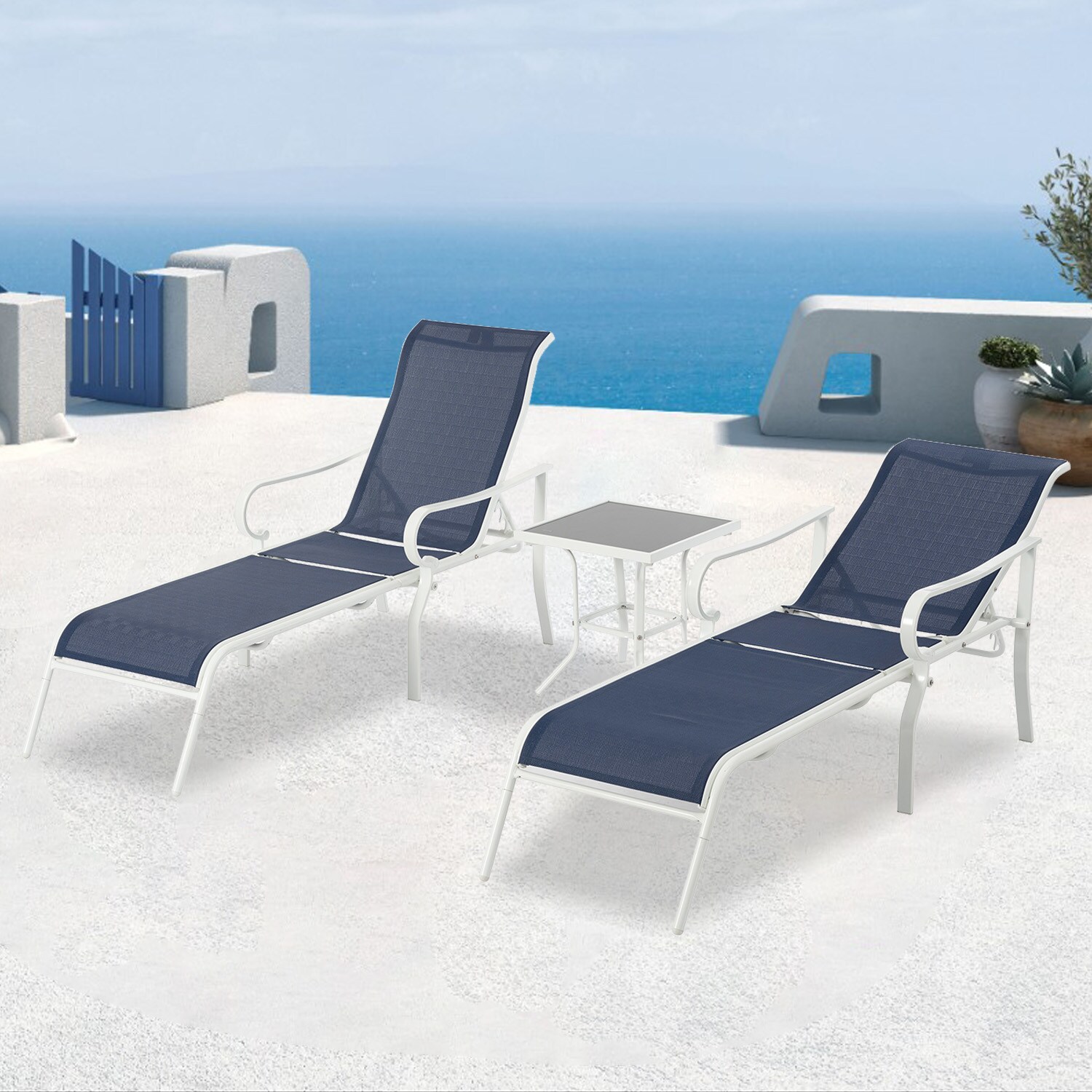 Maincraft D01-OLC56 Set of 2 White Metal Frame Stationary Chaise Lounge Chair with Blue Mesh Seat