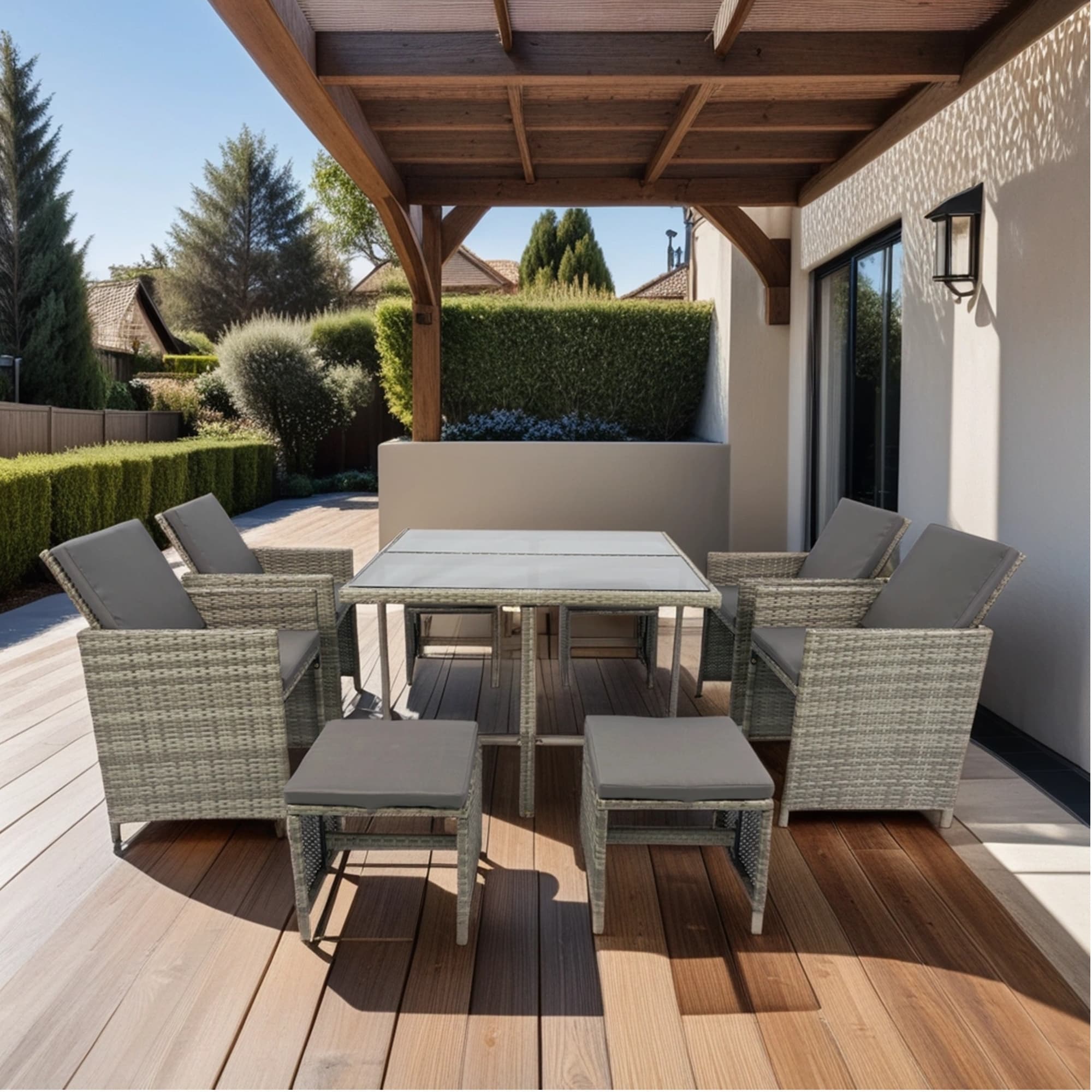 BABOOM BOM-334AAP-OR Outdoor Patio Dining Table Set 9 -Piece Grey Rattan Patio Dining Set Rattan Square Table with 4 Gray Cushions Stationary Chairs