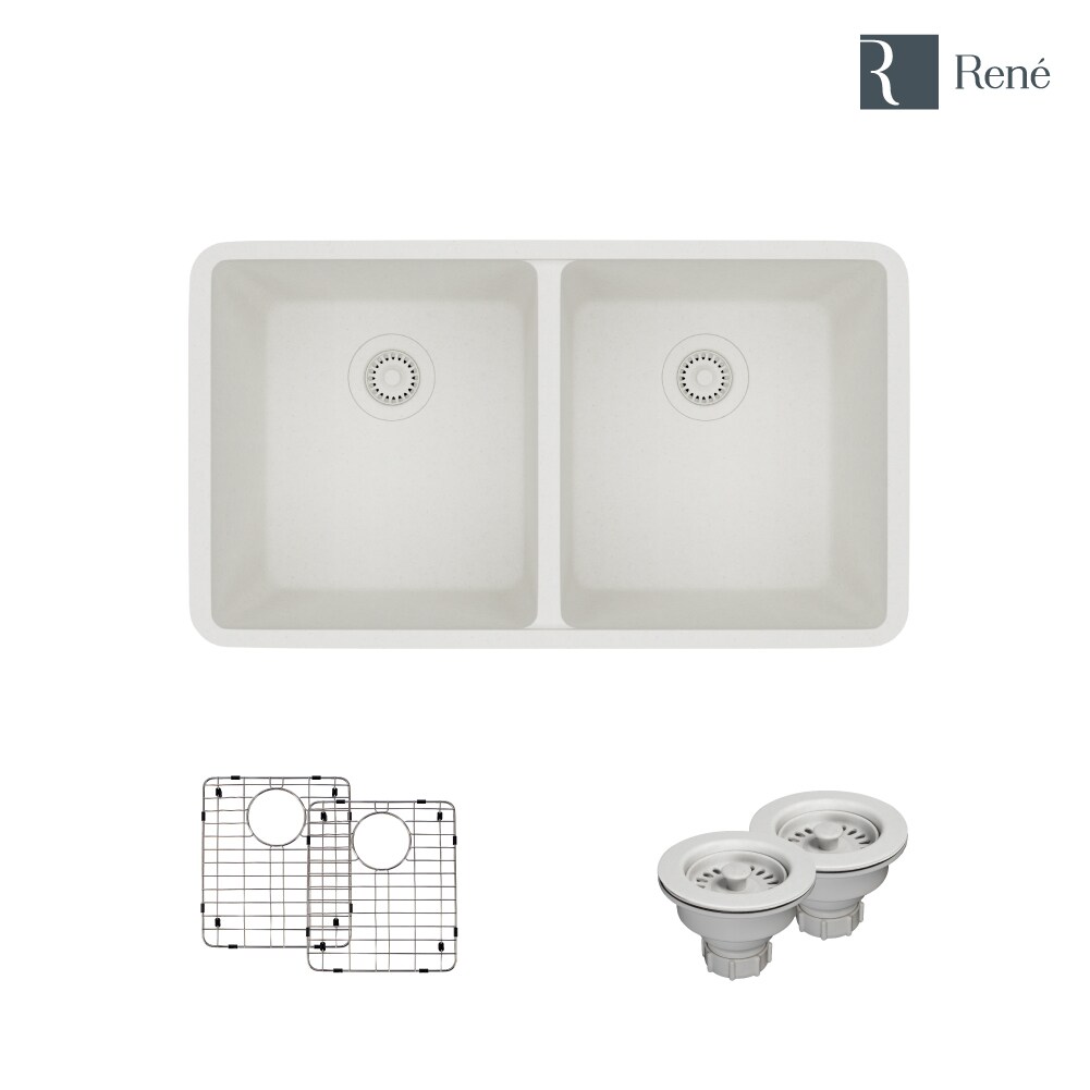 Rene Undermount 32.5-in x 18.63-in Ivory Composite Double Equal Bowl Kitchen Sink Rene Undermount 32.5-in x 18.63-in Ivory Composite Double Equal Bowl Kitchen Sink
