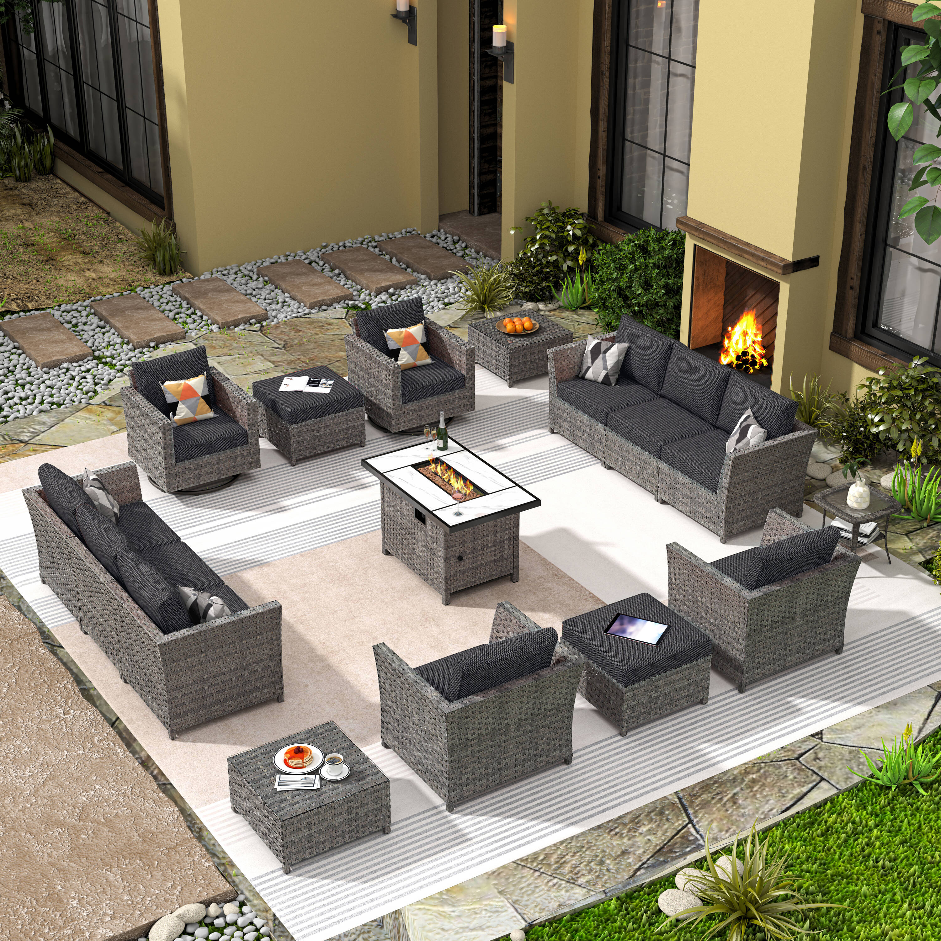 weaxty HMBCFPYZBRS1015 Omiga 16 -Piece Rattan Patio Conversation Set with Black Cushions