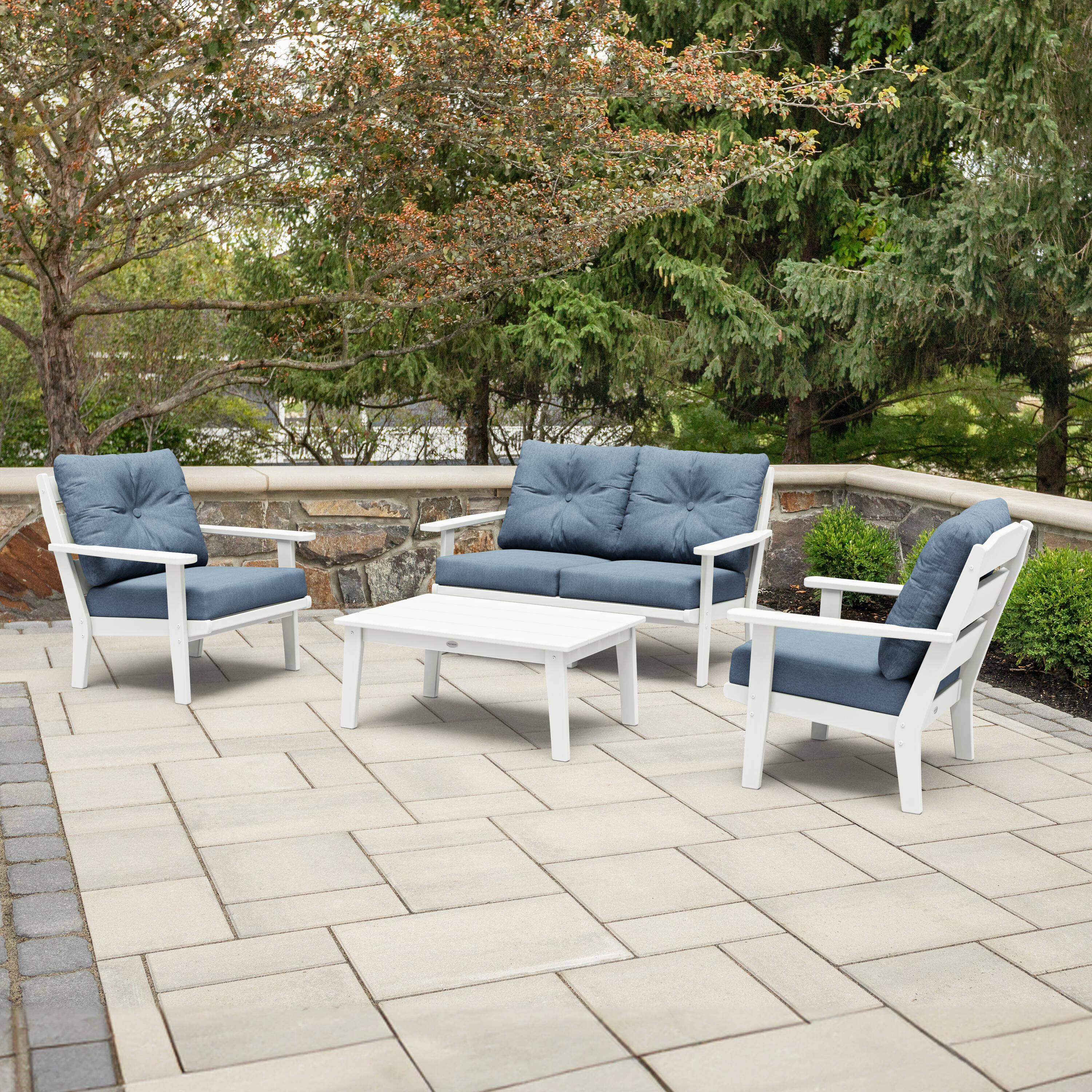 allen + roth by POLYWOOD PWS731-2-WH161147 Oakport 4-Piece Patio Conversation Set with Blue Cushions