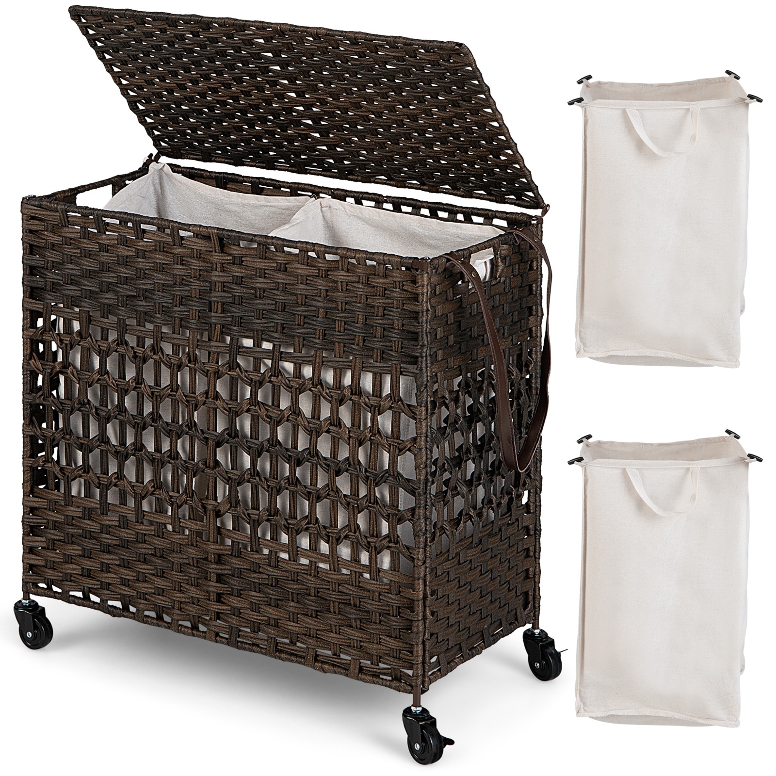 SUGIFT 110 L 2-Section Laundry Hamper with Removable Washable Liner Bags 25.5-in x 13-in x 26.5-in - PE Rattan Hamper - Brown