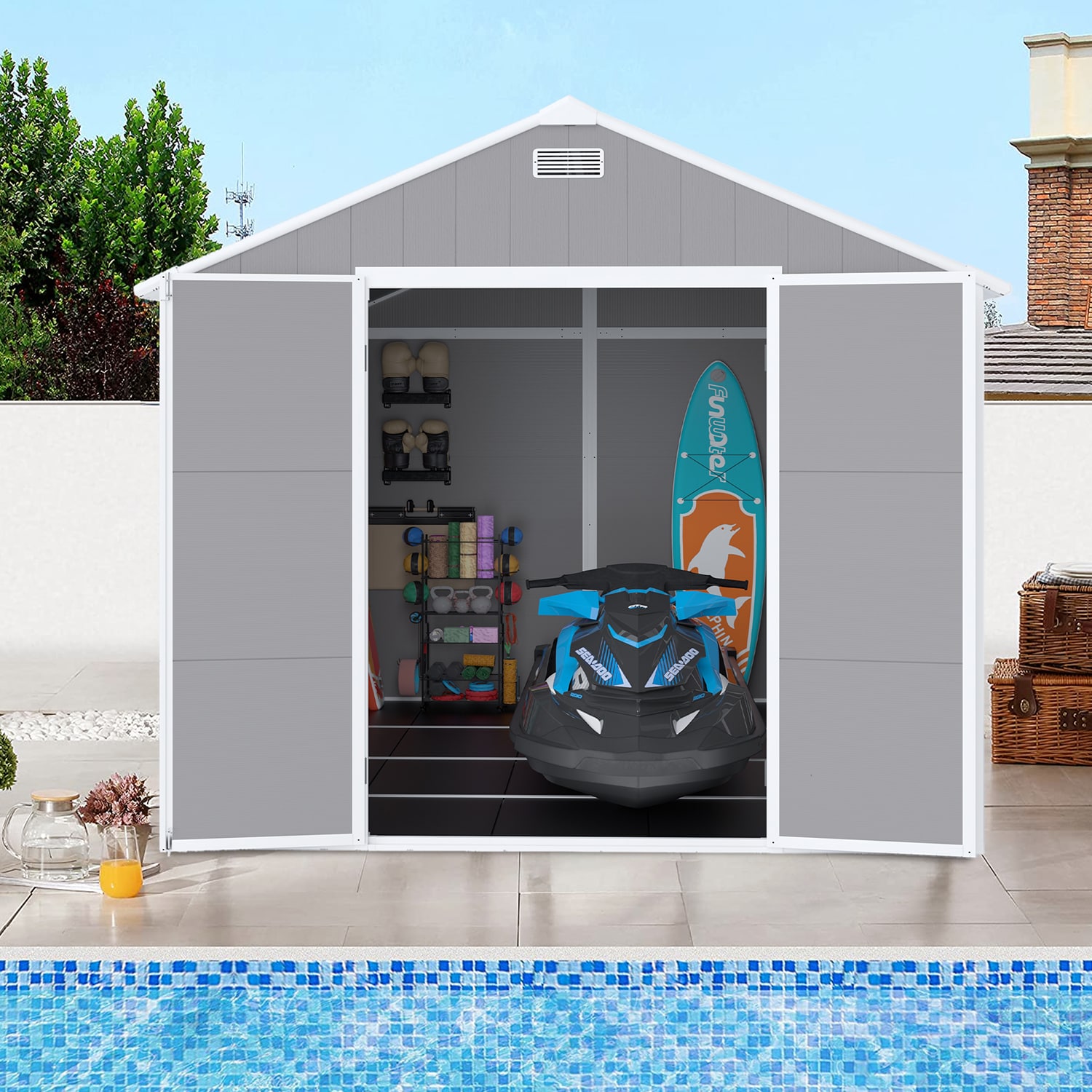 GZMR GZ-CA00013 8-ft x 8-ft Gray Gable Resin Storage Shed