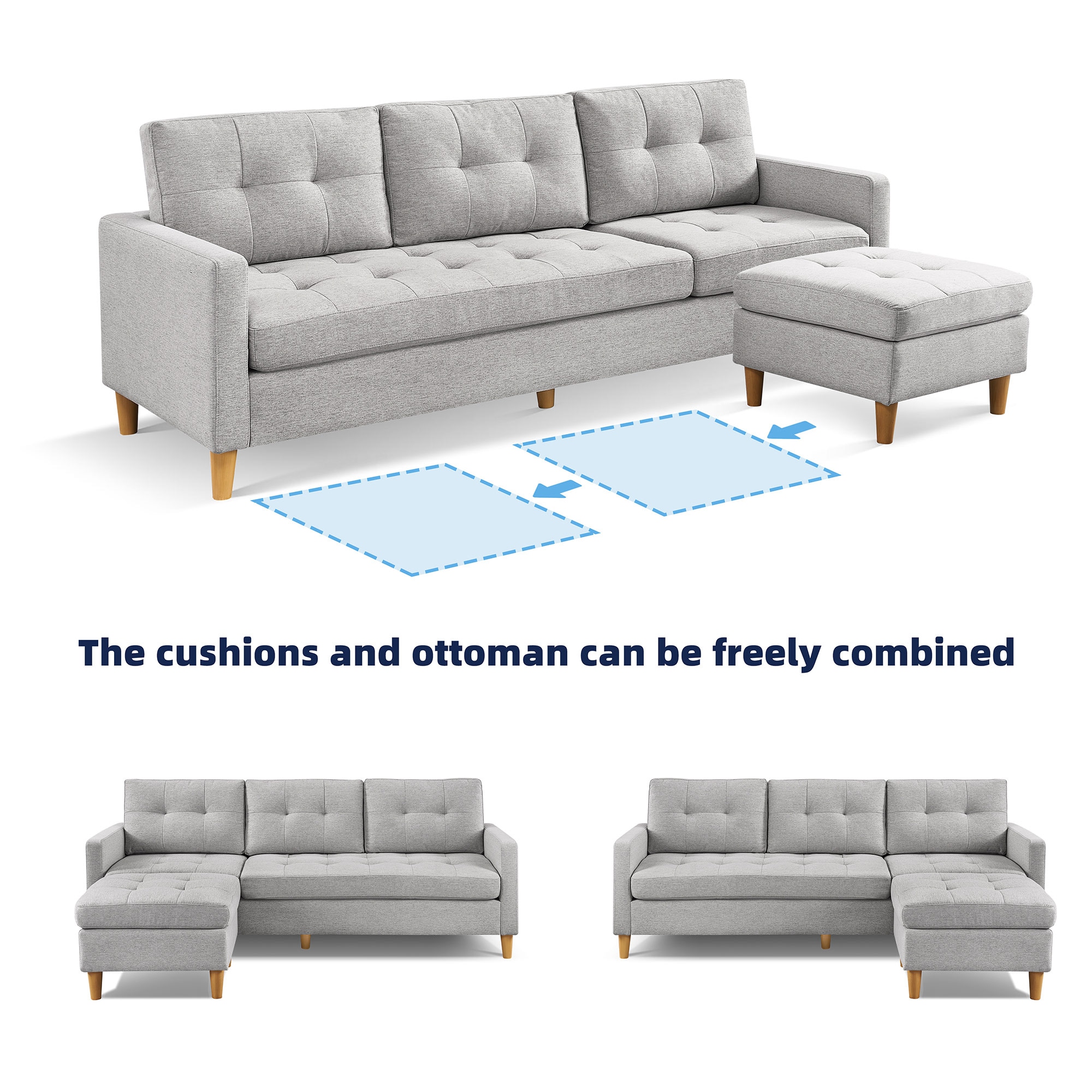 Light Grey Tufted Velvet Two Piece Sectional Sofa with Ottoman