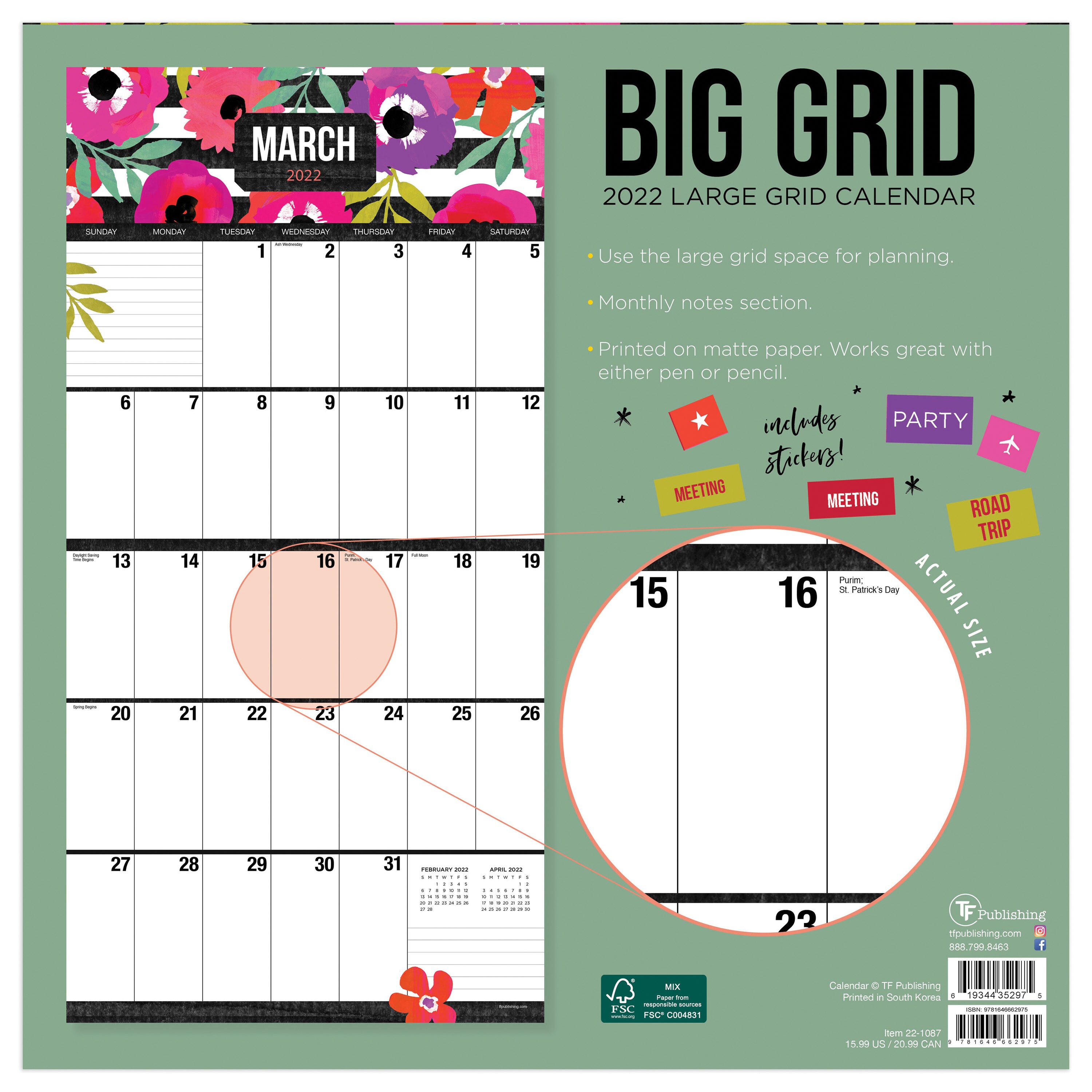 TF Publishing 2022 Big Grid Floral Wall Calendar in the Calendars