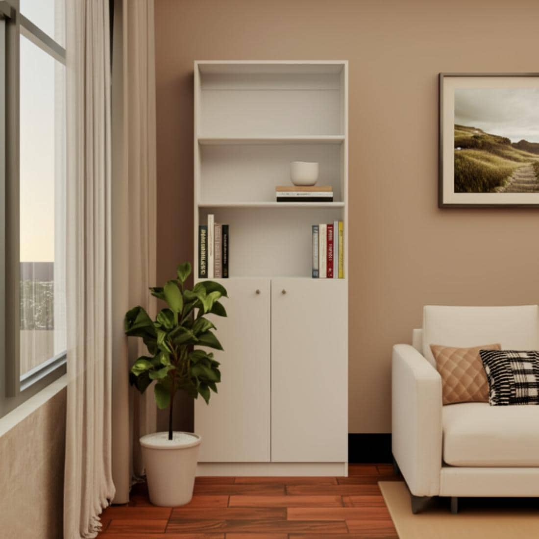 HomeRoots 4000546595 White MDF 3 -Shelf Bookcase with Doors ( 24.72-in W x 71.1-in H x 11.77-in D ) Finished