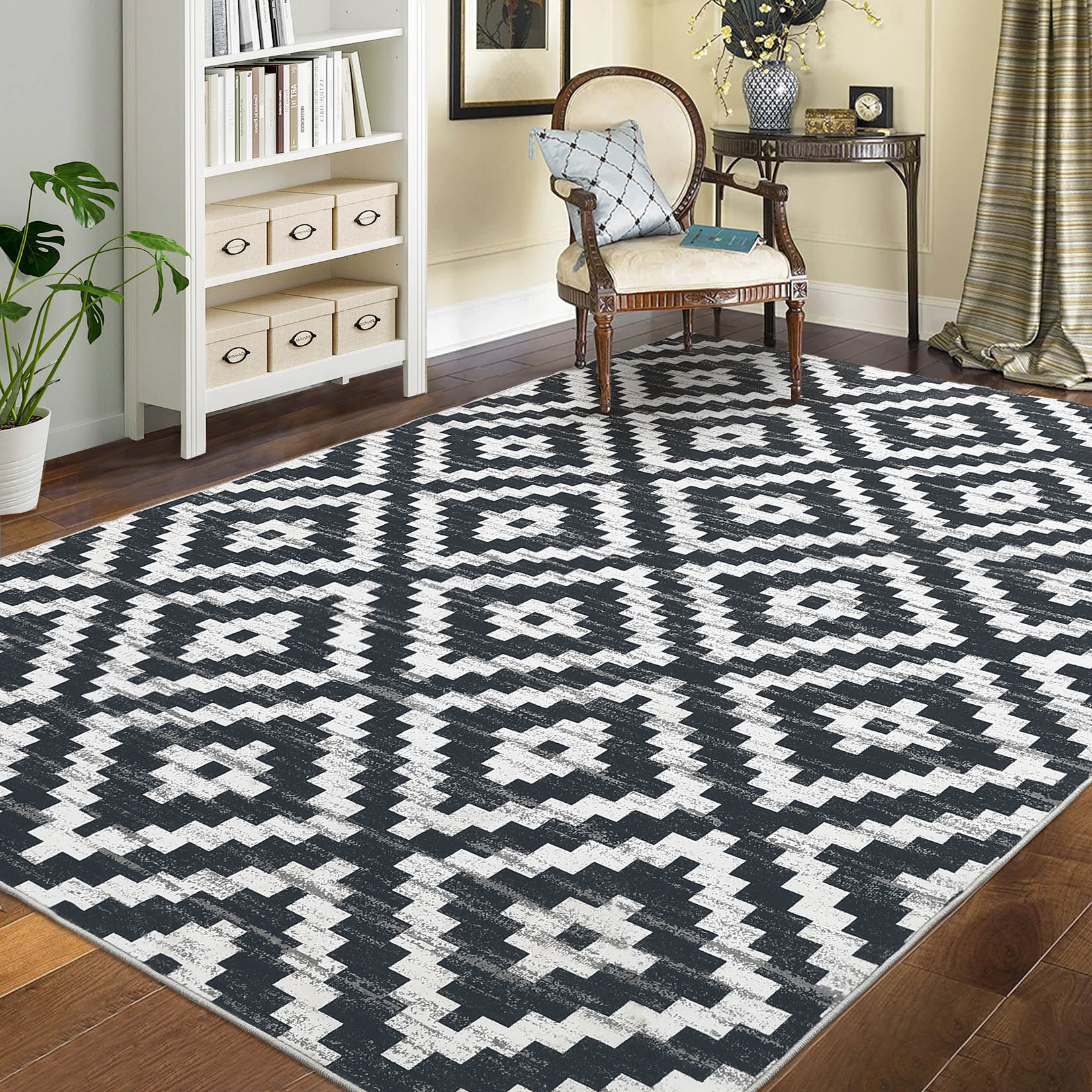 Garvee YXY-LO-PHO-15F0F94M 5 x 7 (ft) Loomed Polyester Black Rectangular Indoor Geometric Mid-Century Modern Machine washable Area rug