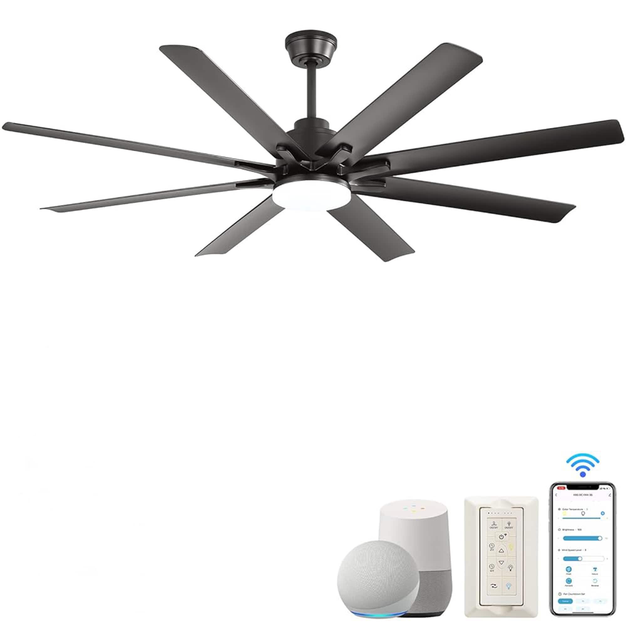 Bybafun YA8200018 66-in Color-Changing Integrated LED Outdoor Smart Black with ABS Blades Ceiling Fan With Light - Remote Included ( 8 -Blade )