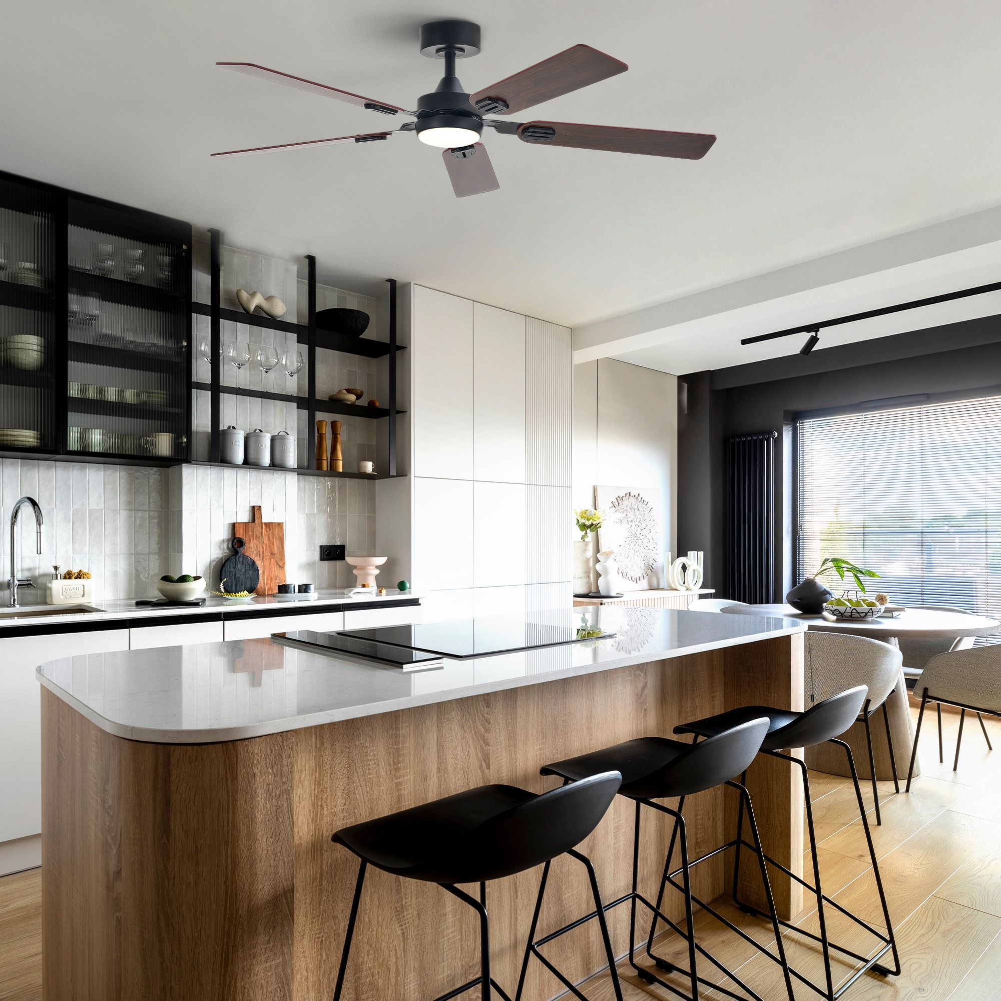 CO-Z CFN-1318-BW 52-in Color-Changing Integrated LED Matte Black with Brown Wood Grain Blades Ceiling Fan With Light and Remote ( 5 -Blade )