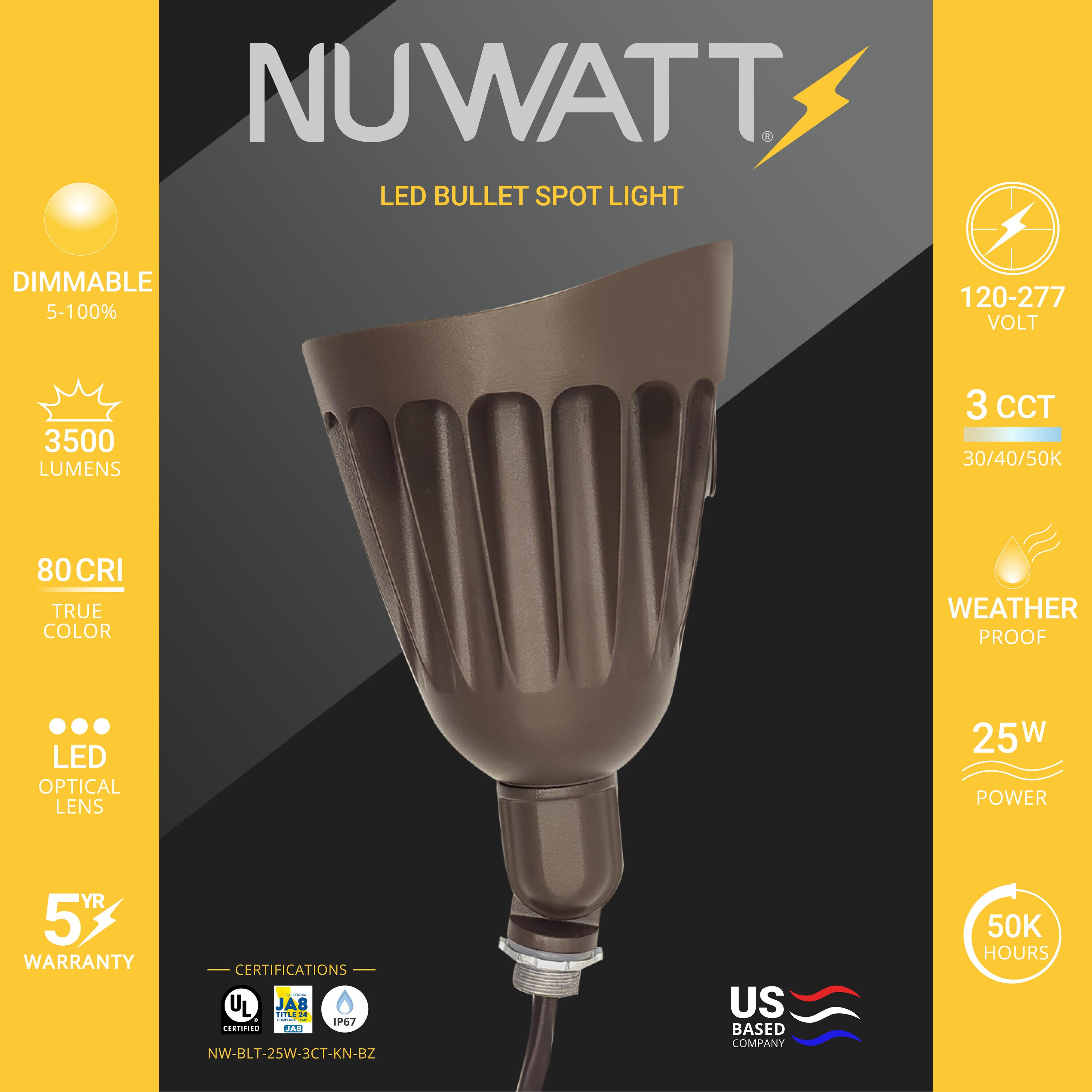 NUWATT 25W LED Spotlight Flood Light 3CCT Switch, Knuckle Mount 120