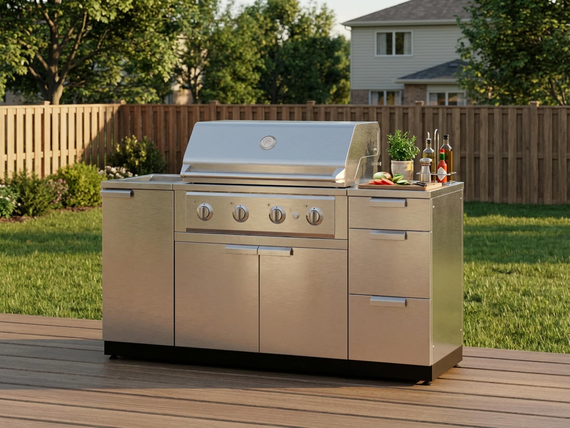 NewAge Products Classic Series 68-in W Stainless Steel Powder-coated steel Grill island Modular Outdoor Kitchen 4 -Burners
