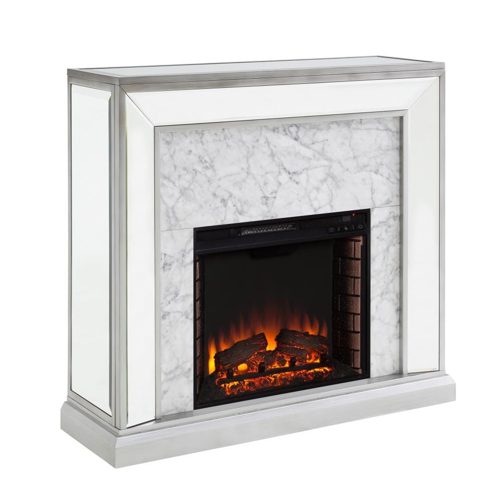 Boston Loft Furnishings ATG9537201FE 44-Inches W Antique silver with white faux marble and mirror Free standing Fan-forced Flat wall Electric Fireplace with Remote Control Included