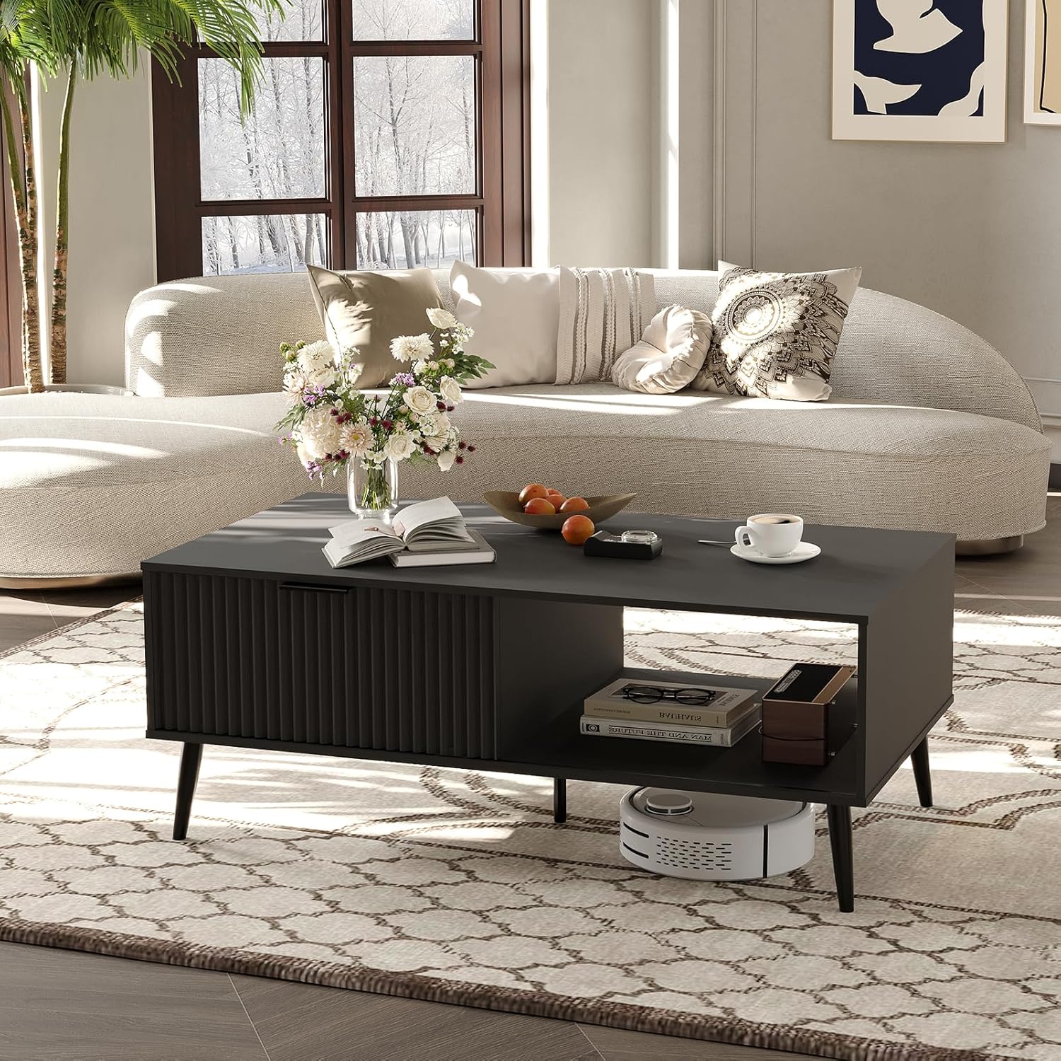Qeetex LHF-BZ-PHO-34JYUDSP Coffee Table with Storage Wooden Coffee Tables with Sliding Door and Solid Wood Legs 2-Tier Cocktail Table Mid Century Modern Coffee Table for Living Room Home Office Farmhouse - Black