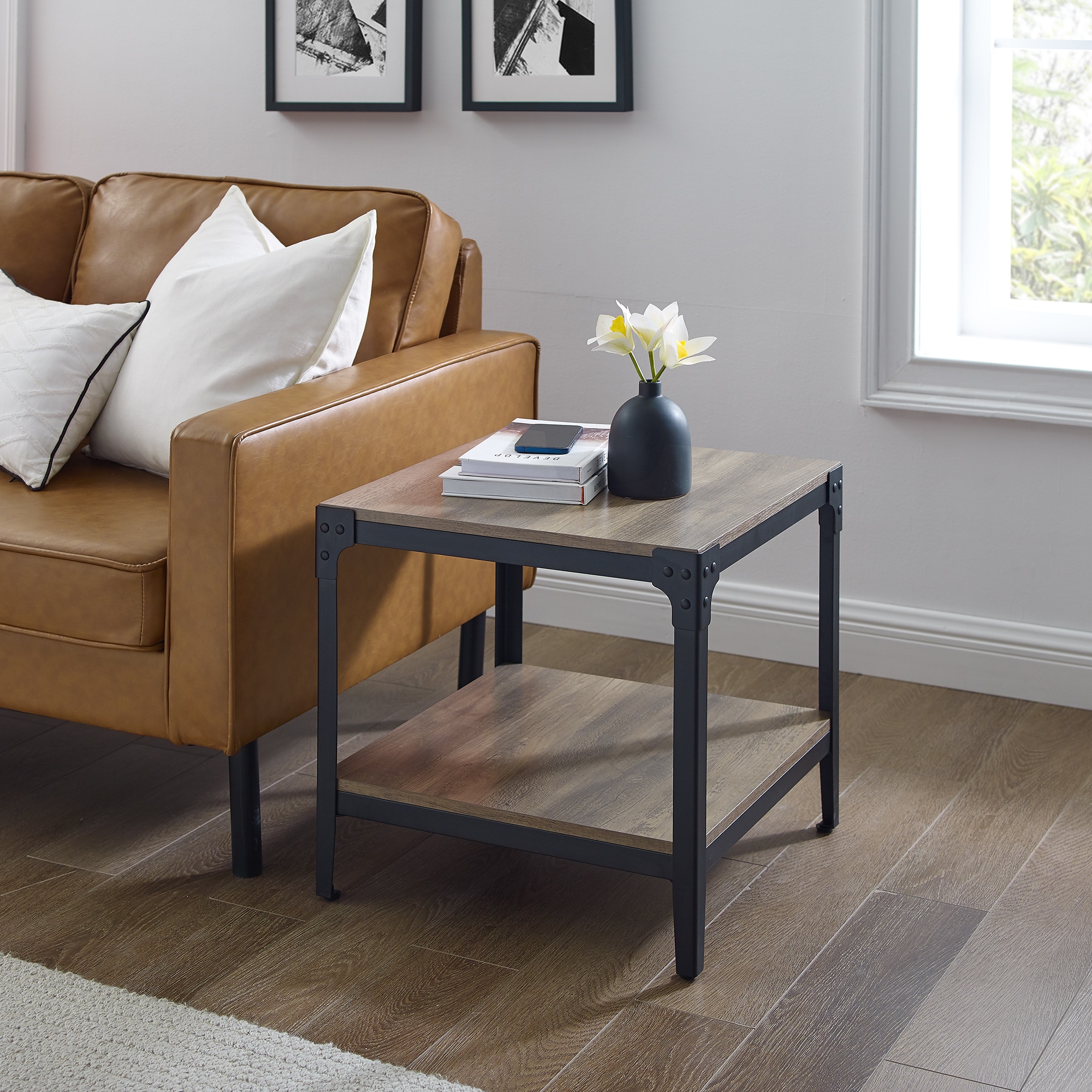 Walker Edison LW20AISTGW 20-in W x 20-in H Grey Wash Composite Rustic End Table with Storage Assembly Required