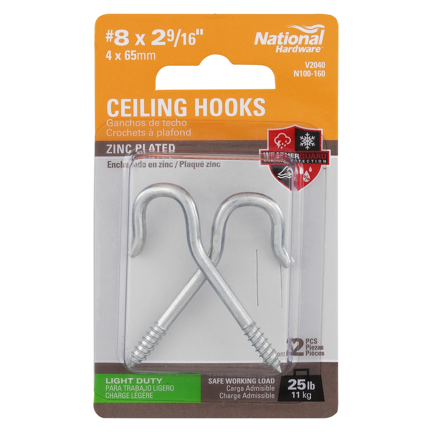 National Hardware #8, 2-9/16-in Ceiling Hook 2-Pack Zinc Plated Screw  Ceiling Hook (25-lb Capacity)