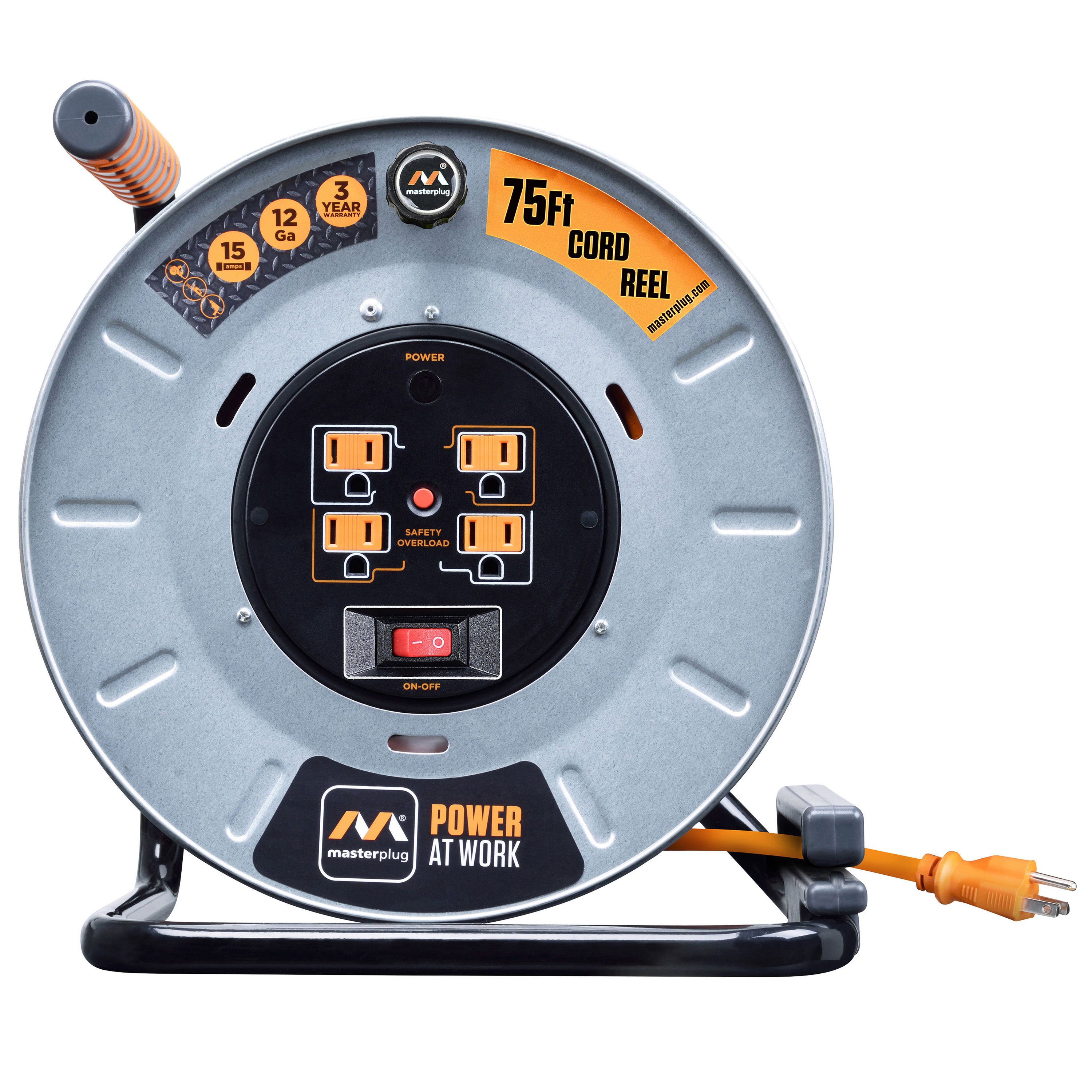 Masterplug Heavy Duty Metal Cord Reel With 4-120v 15amp Integrated Outlets and for sale online 