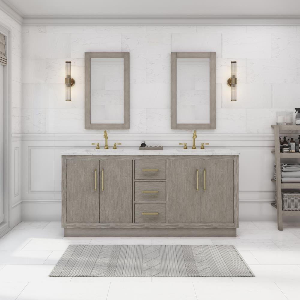 Farmhouse 72 in Double Sink Bathroom Vanity in Grey with Calacatta Gold  Quartz Countertop