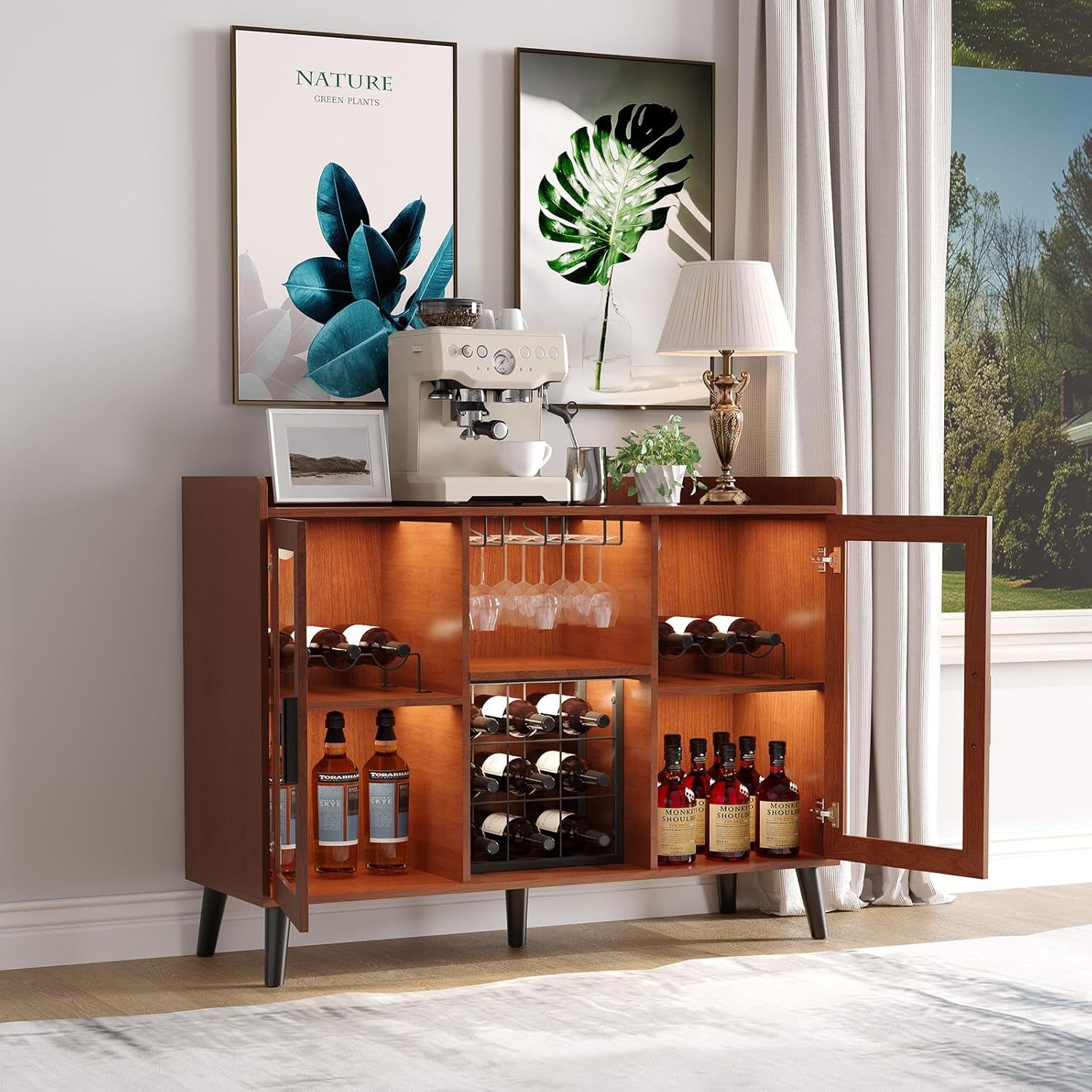 Qeetex GGL-PHK-35BBK3SS Walnut Color Freestanding Liquor Cabinet with LED Light Wine Bar Cabinet for Home Wine and Coffee Bar with Wine Rack and Glass Holder Kitchen Buffet Sideboard Storage for Home Living Room Dining Room