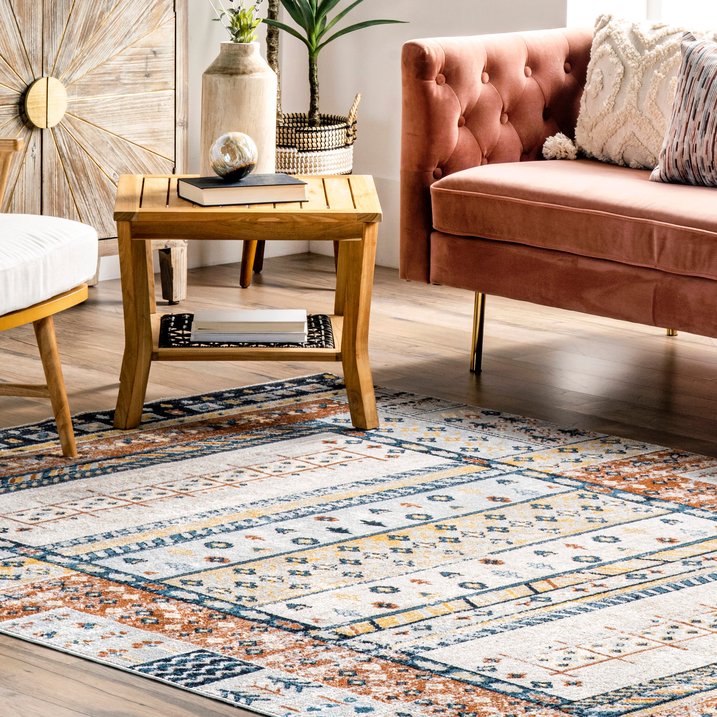Shannon Beige and Multicolor Geometric Washable Area Rug 5' x 7'