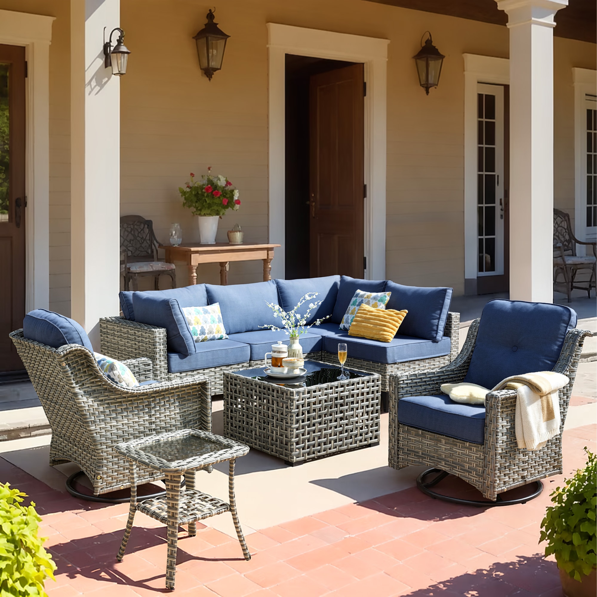 Caodoc - Stiletto Wicker Outdoor Sofa with Blue Cushions and Wicker Frame