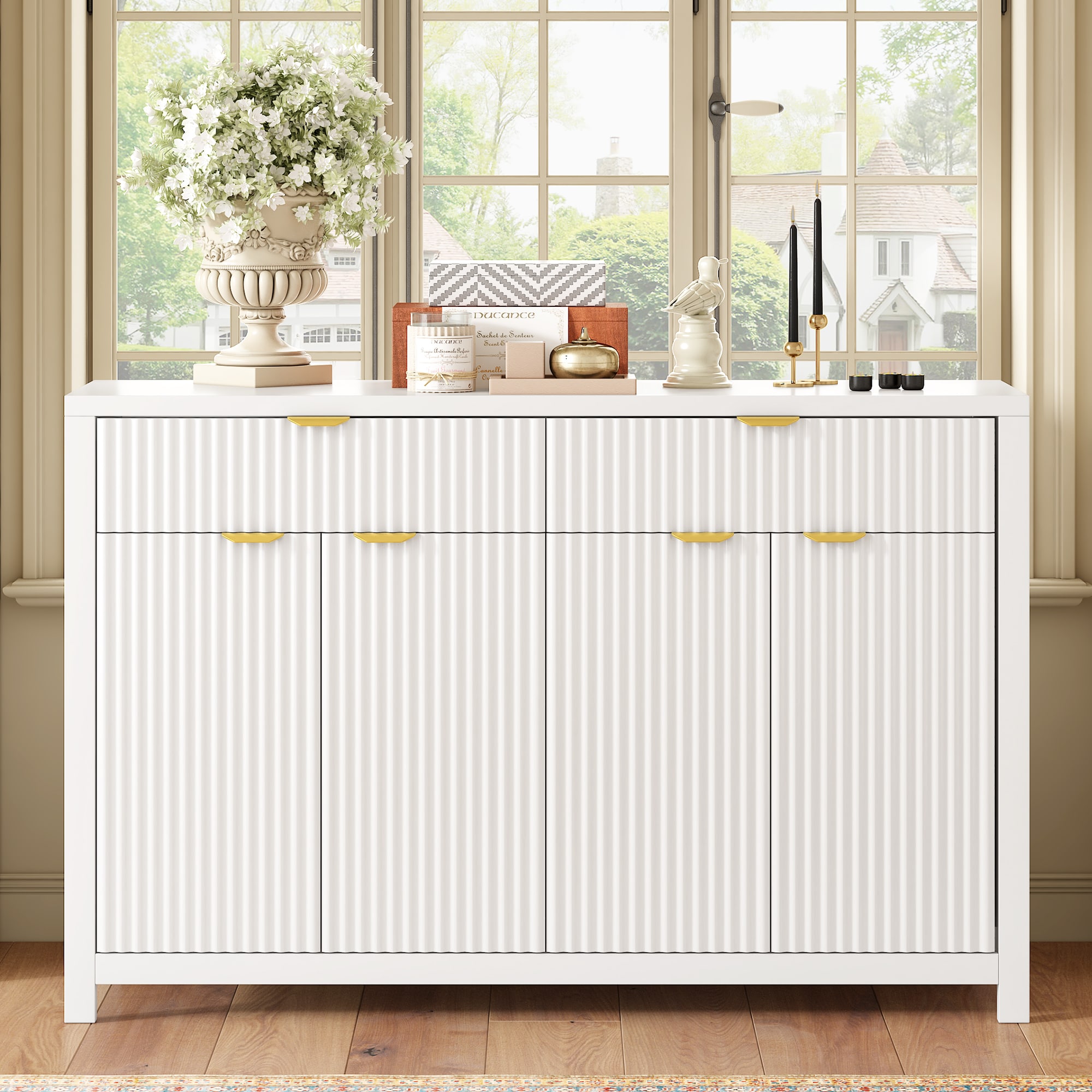 GDFStudio Soren Scandinavian Style Wood Sideboard with 2 Wave Pattern Drawers and Adjustable Shelves-White