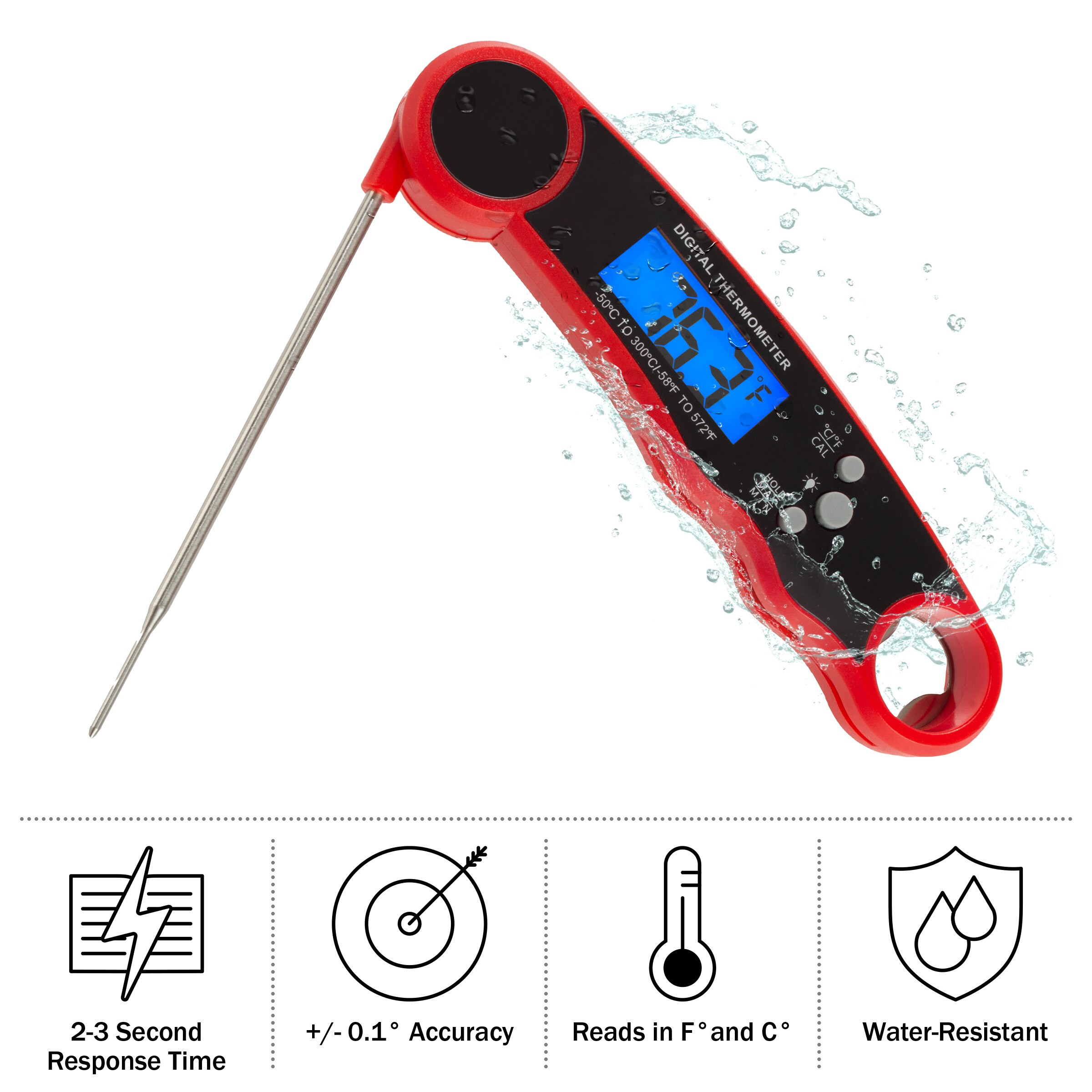 Red Water-Resistant Digital Wireless Meat Thermometer