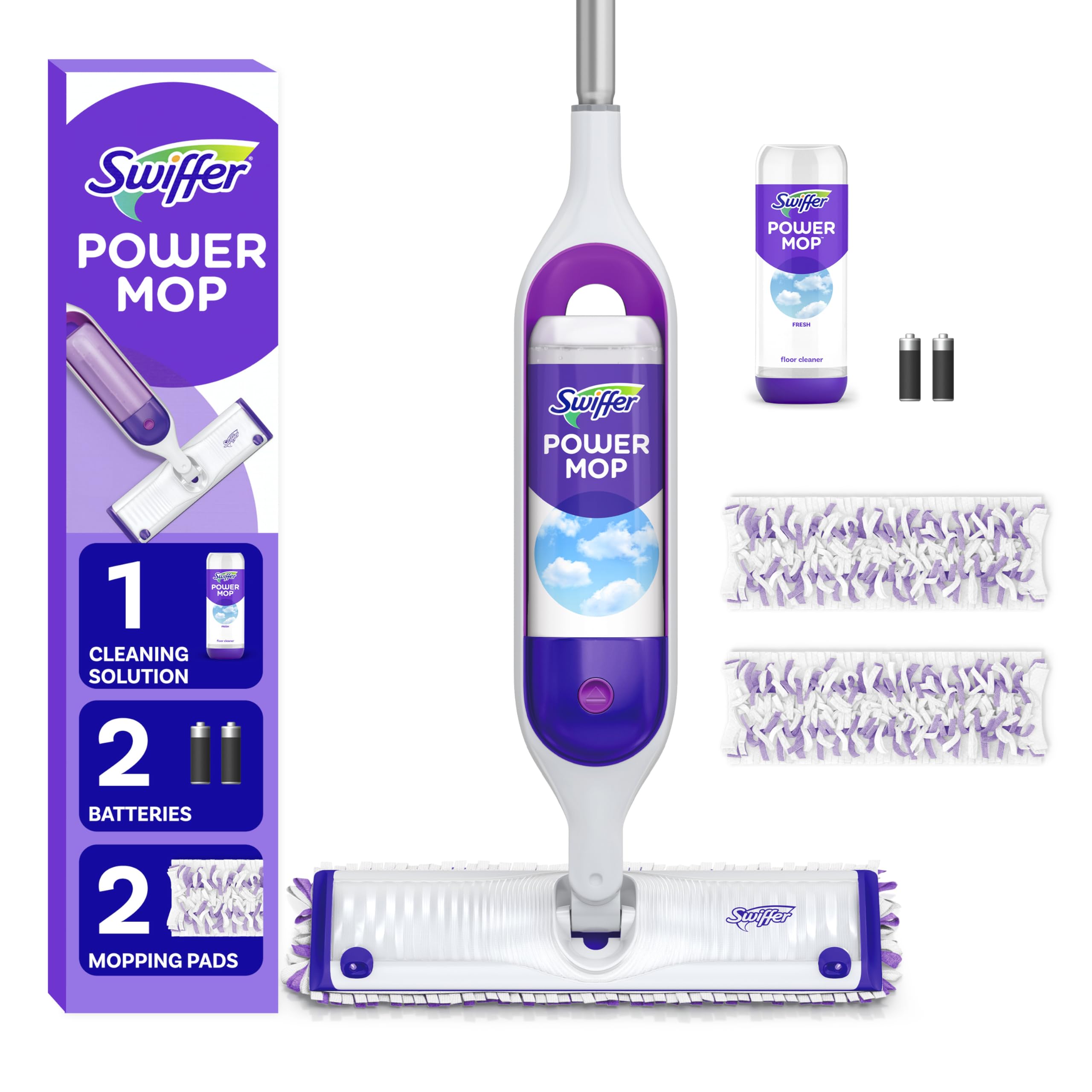 Swiffer  PowerMop Multi-Surface Mop Kit for Floor Cleaning Fresh Scent Mopping Kit Includes PowerMop 2 Mopping Pad Refills 1 Floor Cleaning Solution with Fresh Scent and 2 Batteries