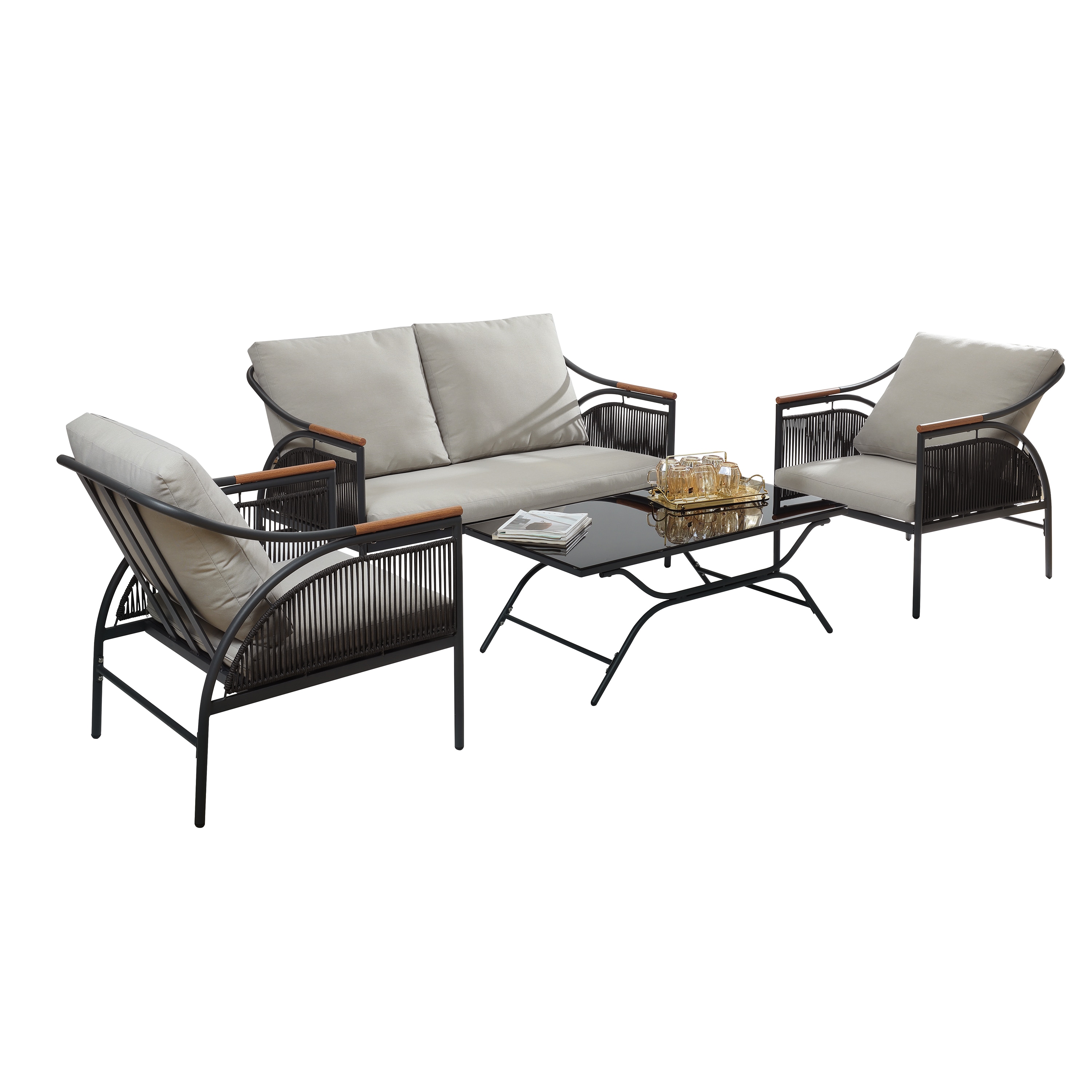 LuxenHome WHOF1914 4 -Piece Patio Conversation Set with Gray Cushions
