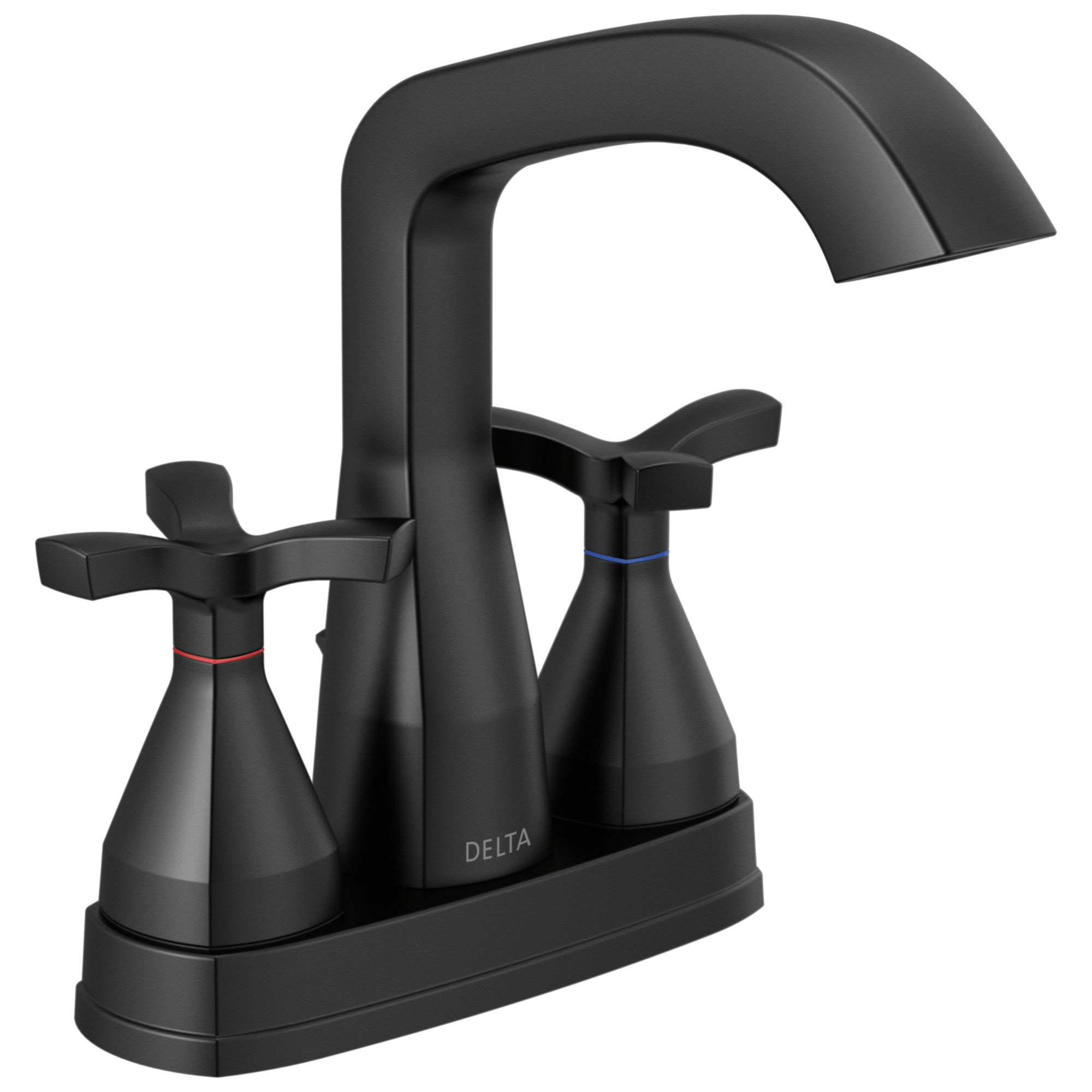 Delta 257766-BLMPU-DST Stryke Matte Black 4-in centerset 2-handle WaterSense Mid-arc Residential Handle Bathroom Sink Faucet with Drain