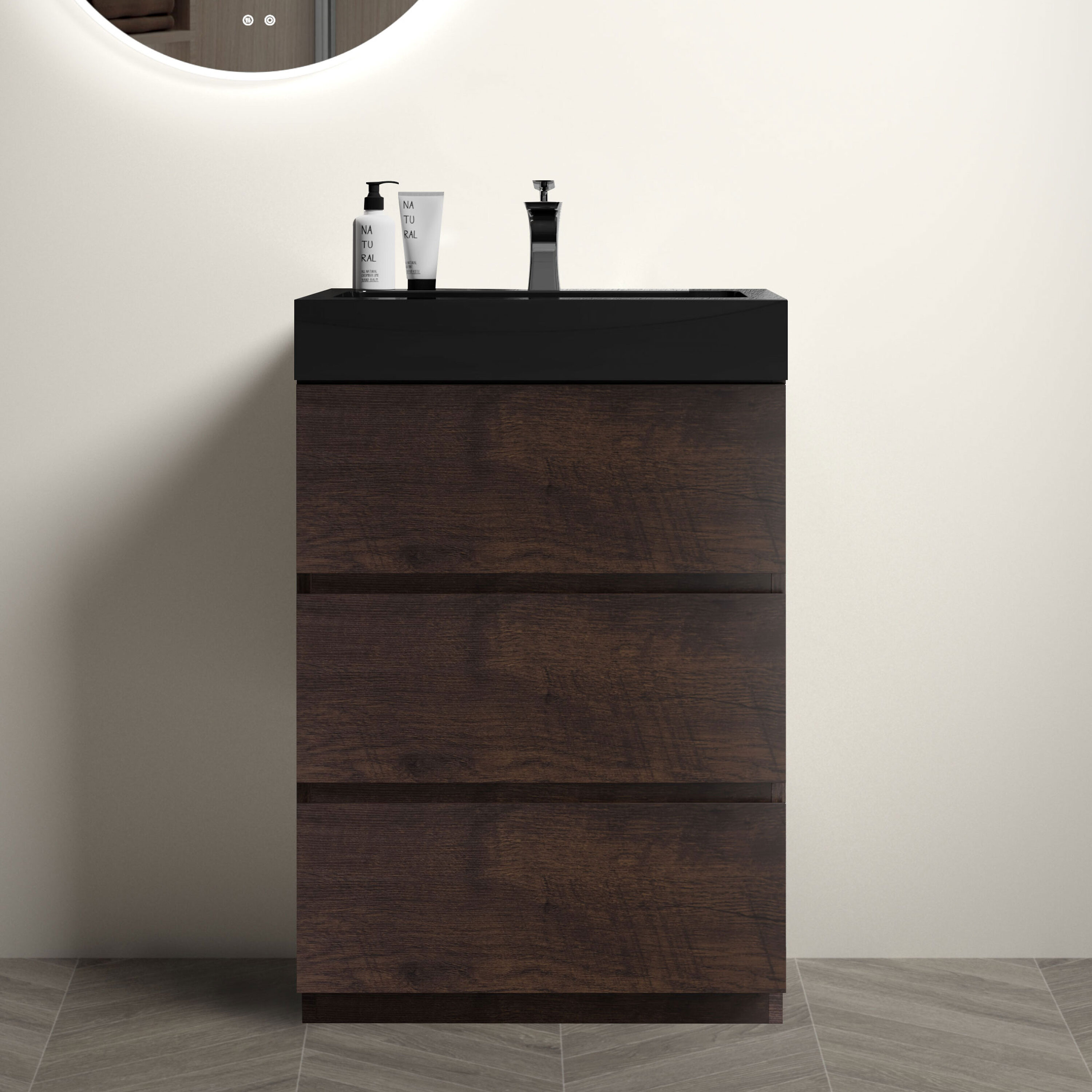 Tatayosi DJ-865S00039 24 Inch Walnut Freestanding Bathroom Vanity with Large Storage and One Piece Black Sink Basin for Modern Bathroom Pre assembled Without Drain and Faucet