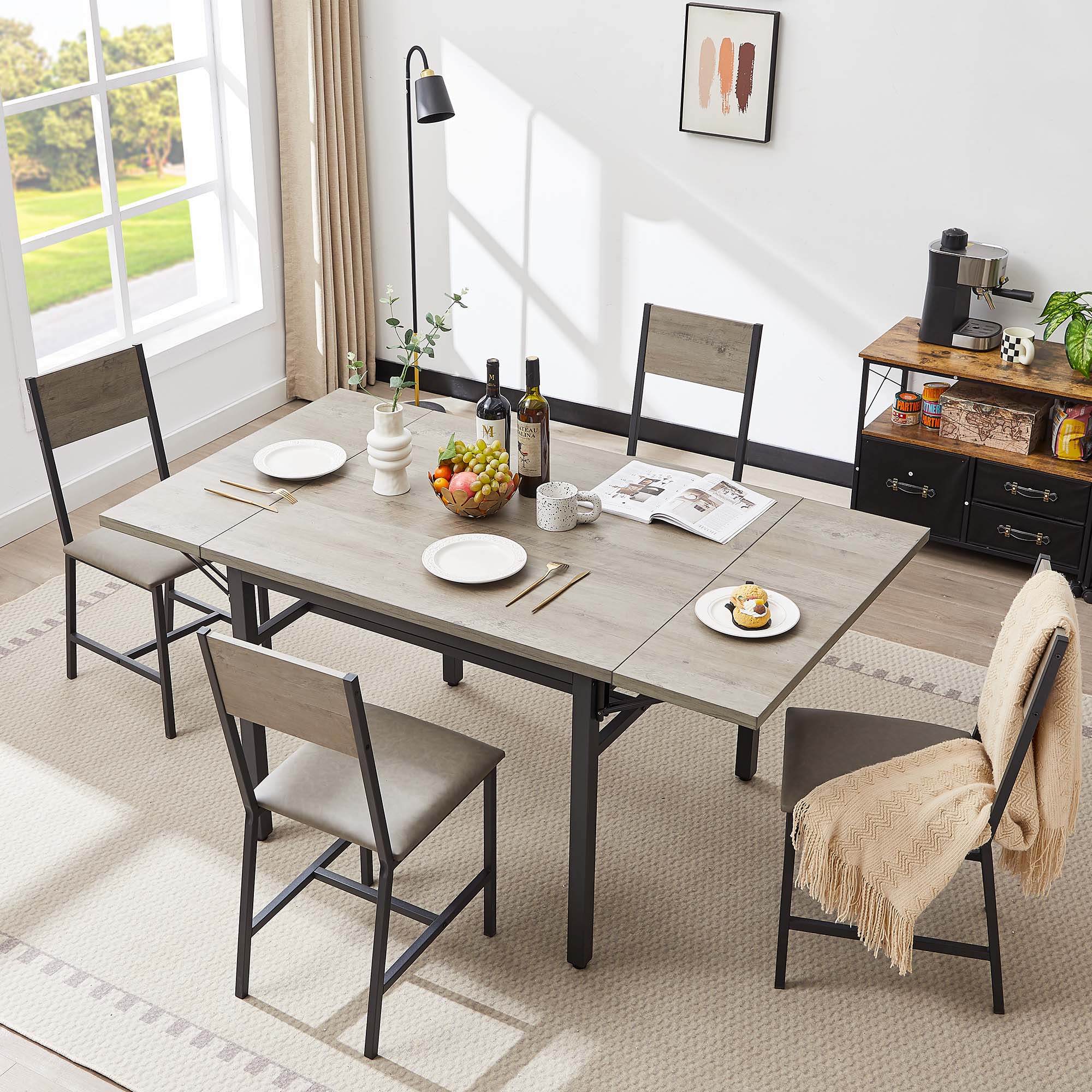 Sunrinx MG11-DT-02 Gray Farmhouse Extending Drop leaf Dining Table, MDF with Black Metal 63.2-in L x 30.5-in H