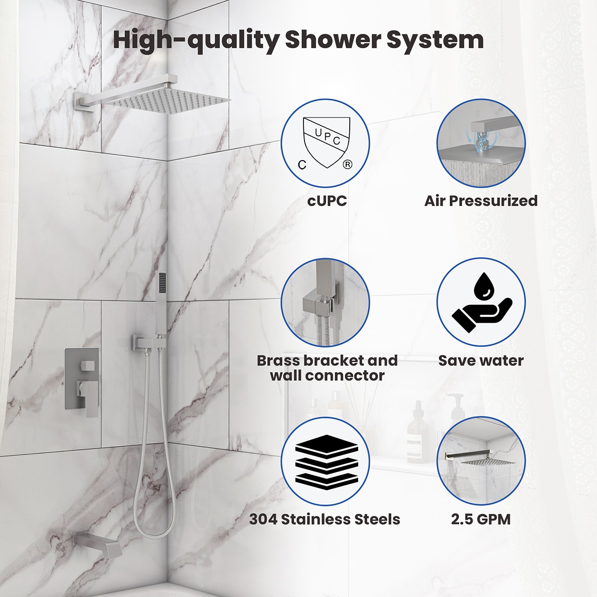 Mondawe AM-S008AC-10BN Brushed Nickel 10-in Built-In Shower Faucet System with 3-way Diverter ( Pressure-balanced Valve Included )