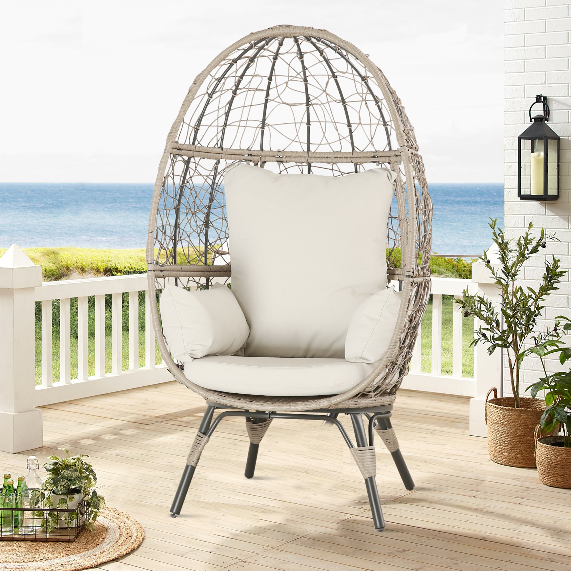 PEAK HOME FURNISHINGS Egg chair Rattan Black Metal Frame Stationary Egg ...