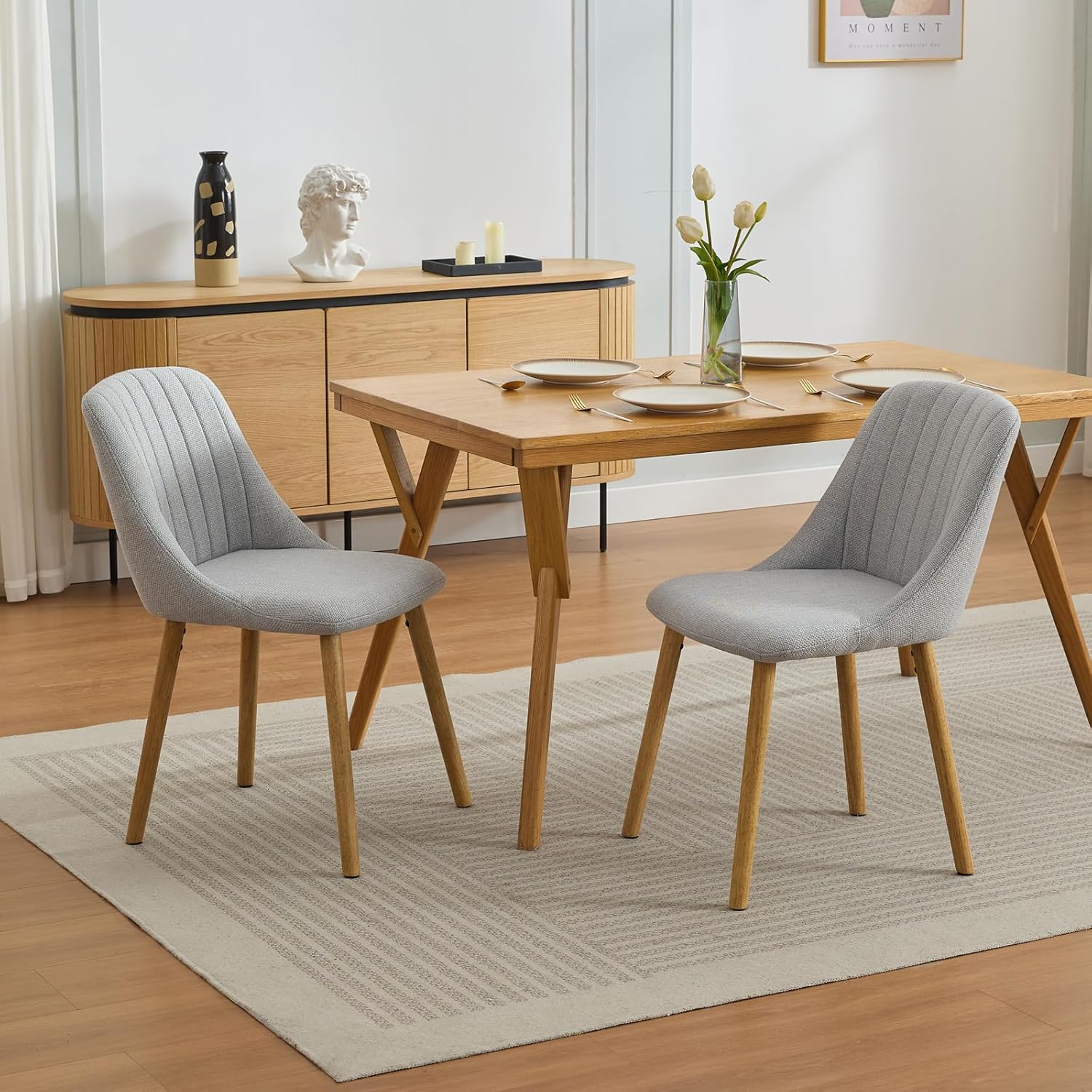 Qeetex PHK-33A7UNNR-HNN Set of 2 Modern Grey Fabric Dining Chairs with Upholstered Seat and Curved Backrest Dining Chairs with Oak Legs