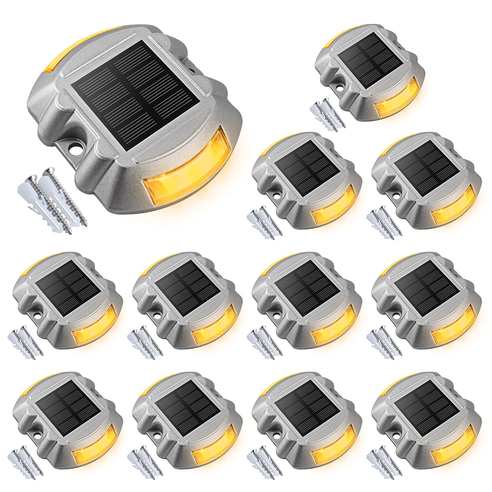 Justincity  Solar Deck Lights 12 pack LED IP67 Waterproof Outdoor Warning Step Lights for Driveway Sidewalk Garden Pathway Yard Warm White