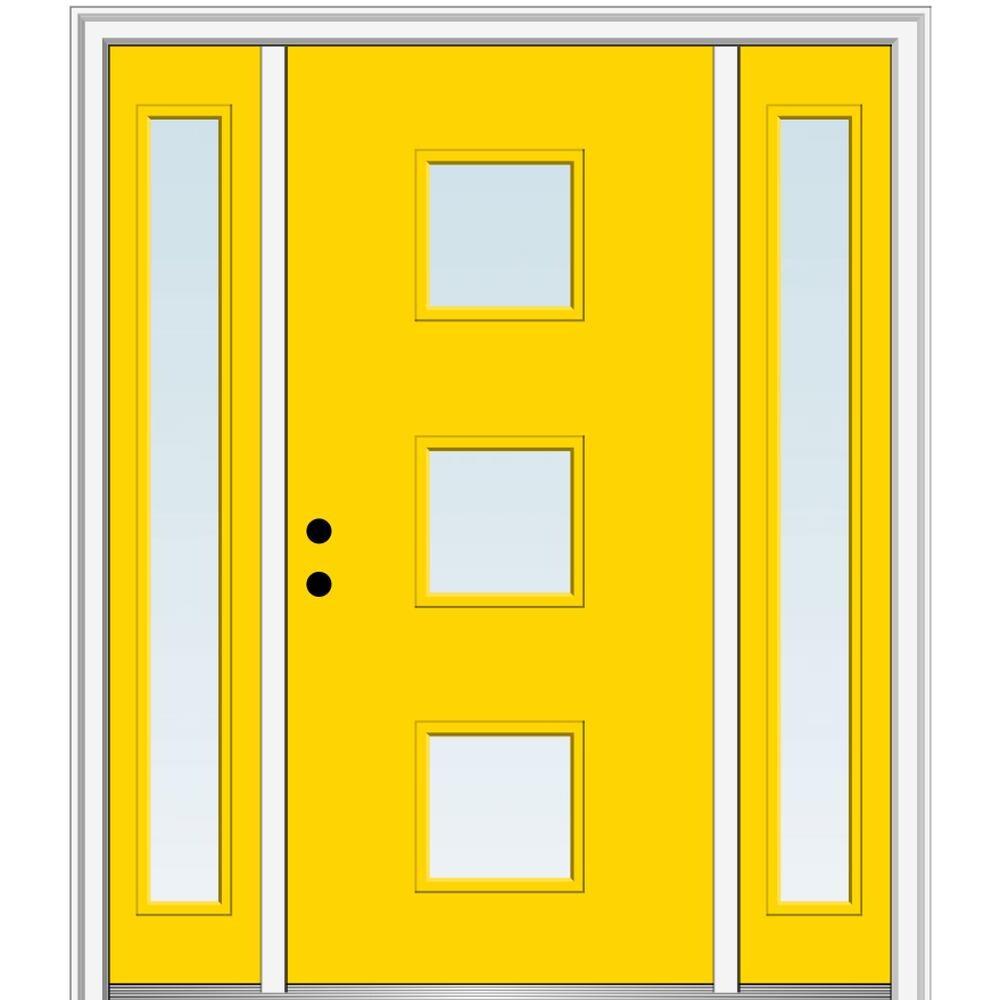 MMI DOOR ZZ348774R Spotlights 60-in x 80-in x 6-9/16-in Fiberglass Pulse lite Right-hand inswing Yellow Flash Painted Prehung Front Door with Sidelights with Brickmould Insulating core